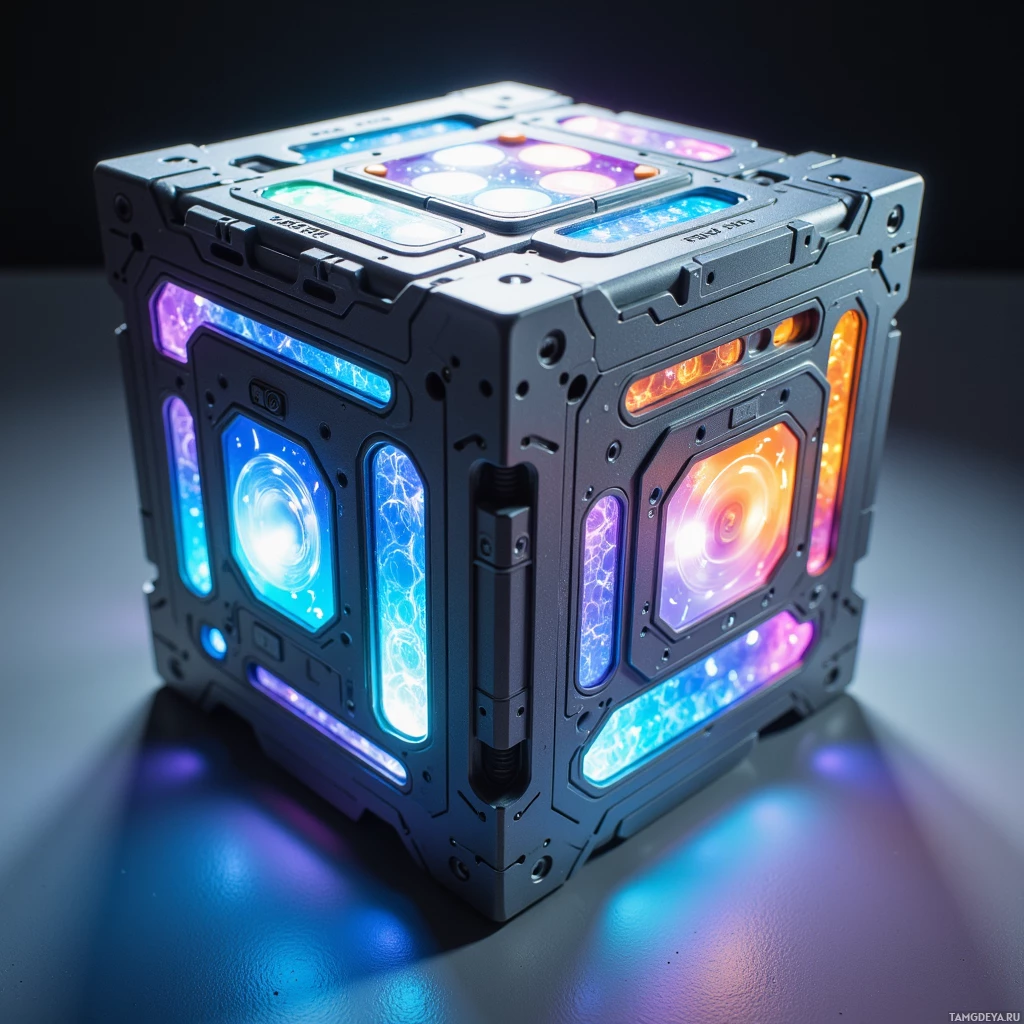 Semi-abstract image with many light, that is suitable for the post:  Handheld synthesizer cube with a brushed titanium case, holographic surface shifting from matte to iridescent, modular panels on each side rearrange, glowing interface panels, sleek futuristic design.