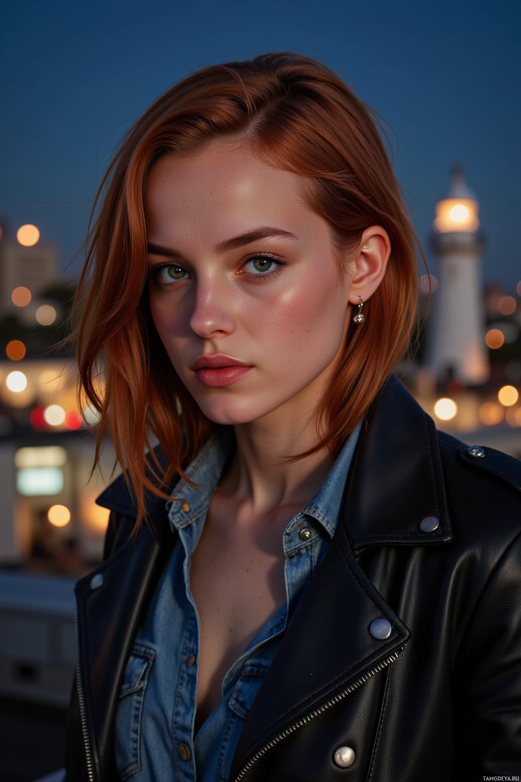 Realistic high quality photo. Woman, 27, fiery red bob, amber eyes, pale skin, ripped denim, leather jacket, statement accessories, leading a flash mob on the rooftop of an old warehouse at midnight, wind whipping her hair, crowd cheering, city lights flicker below, lighthouse looming in the distance, exuding bold, high‑energy charisma.