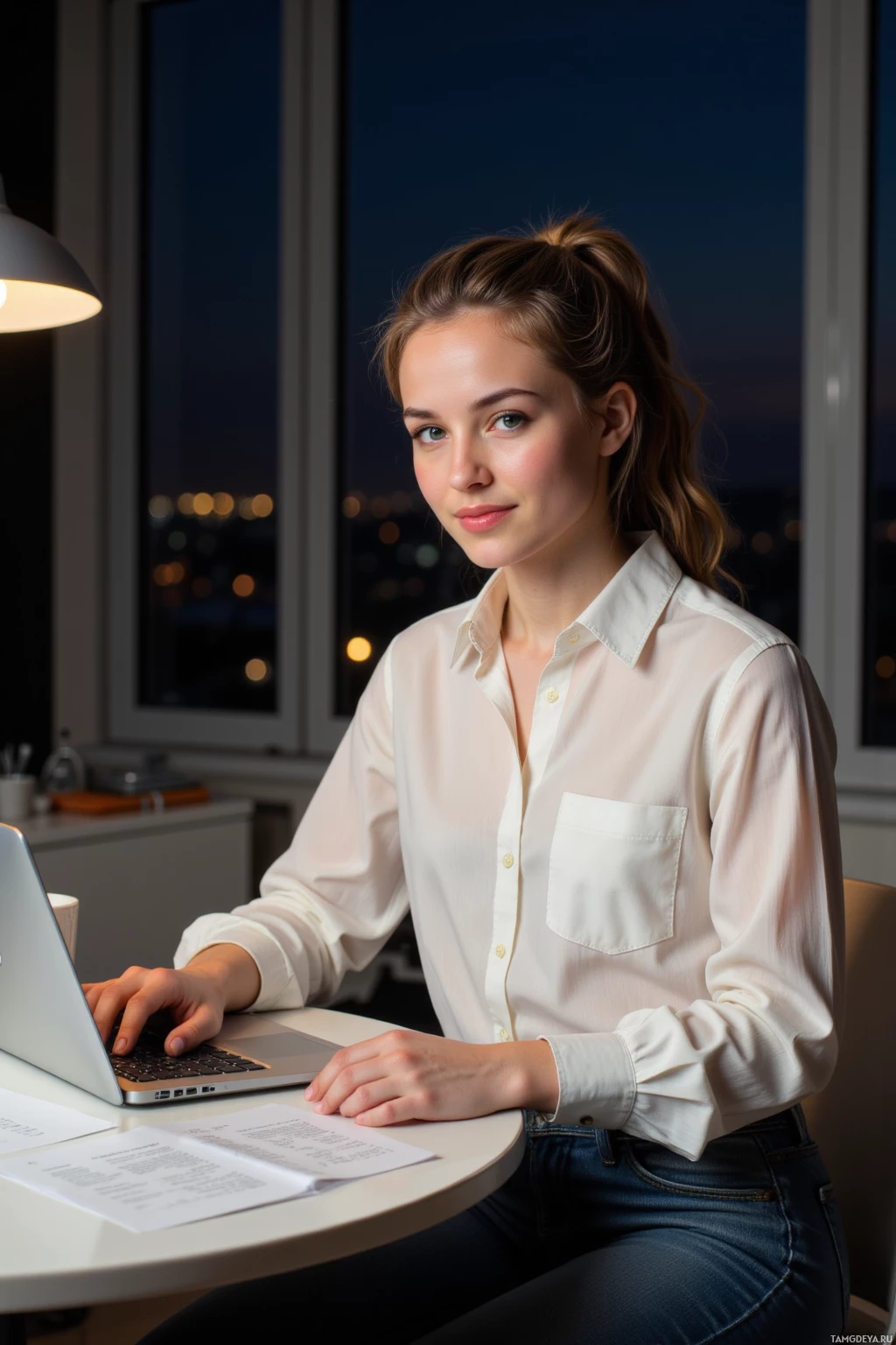 Realistic high quality photo. Woman in modern home office at night, wearing a crisp white blouse with a subtle pattern and dark jeans, light brown curly hair pulled into a ponytail, bright green eyes, smirking while sifting through raw transcripts on a laptop with papers scattered, a dim lamp illuminating a coffee mug, city lights visible through a window.