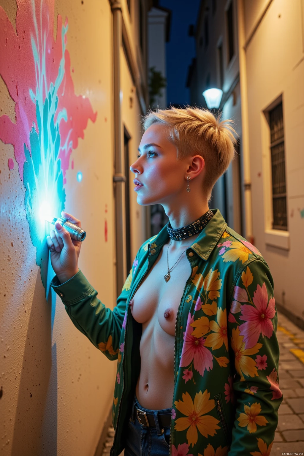 Realistic high quality photo. A 26‑year‑old woman with short asymmetrical blonde hair, bright green eyes, sharp features, pale skin, wearing eclectic streetwear in contrasting patterns and chunky jewelry, standing in a beige alley at night, spray‑painting luminous neon fire onto the walls while shouting at the beige walls, with the city huming in muted tones.