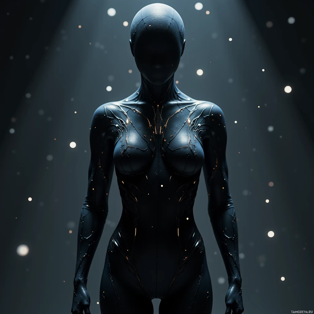 Semi-abstract image with many light, that is suitable for the post:  Matte black micro-fiber bodysuit with seamless weave, sleek silhouette, subtle reflective texture that refracts ambient light, faint integrated neural interface circuitry, low-light invisibility effect.