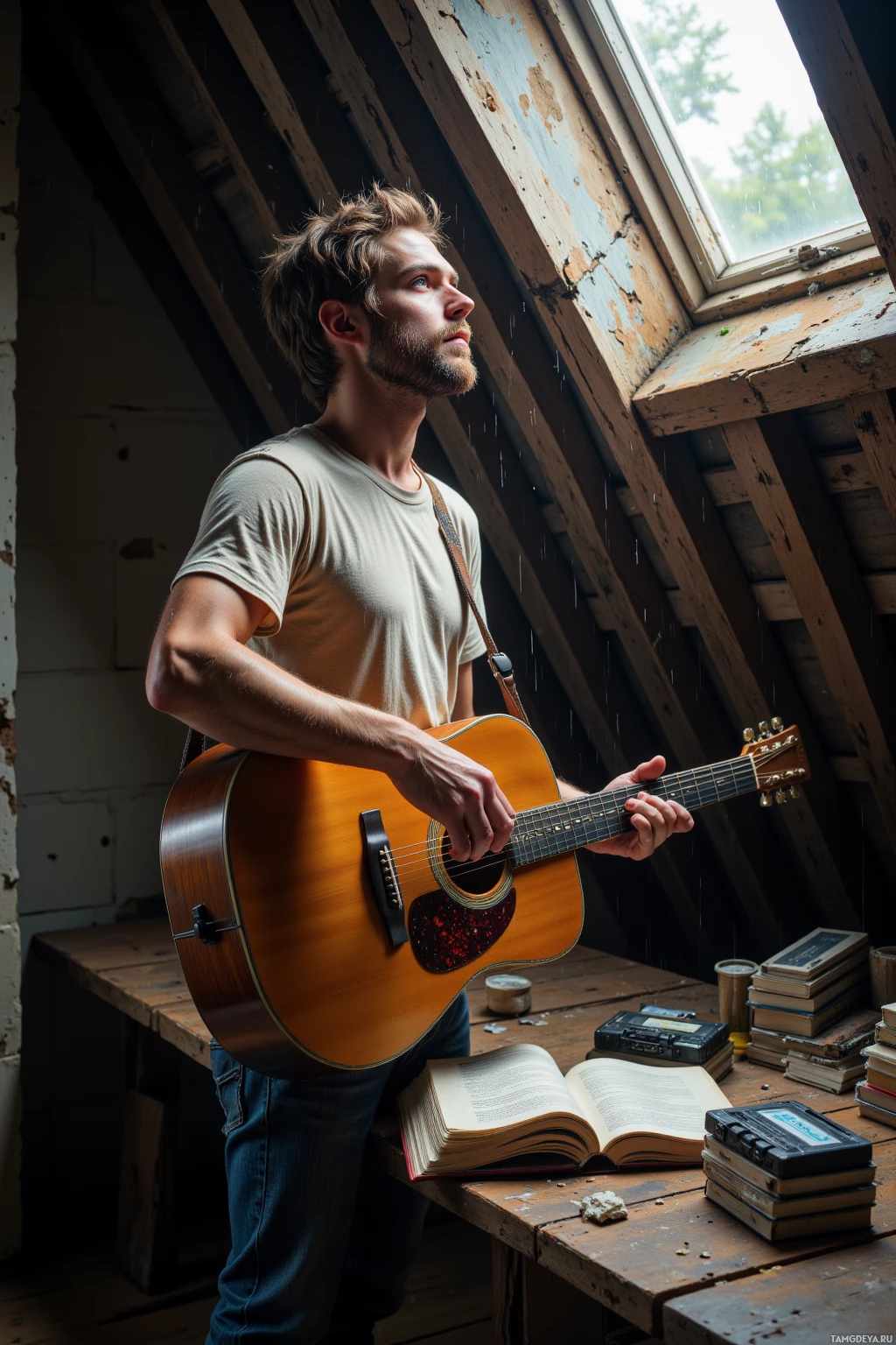 Realistic high quality photo. A 26‑year‑old man with tousled light brown hair, blue eyes, pale skin, scruffy beard, wearing a faded t‑shirt and jeans, stands in a dusty attic with cracked wooden beams, holding a worn acoustic guitar, a stack of old mixtapes on a wooden table, looking up at exposed ceiling tiles while rain taps on the roof, a notebook open beside him, tired yet determined.