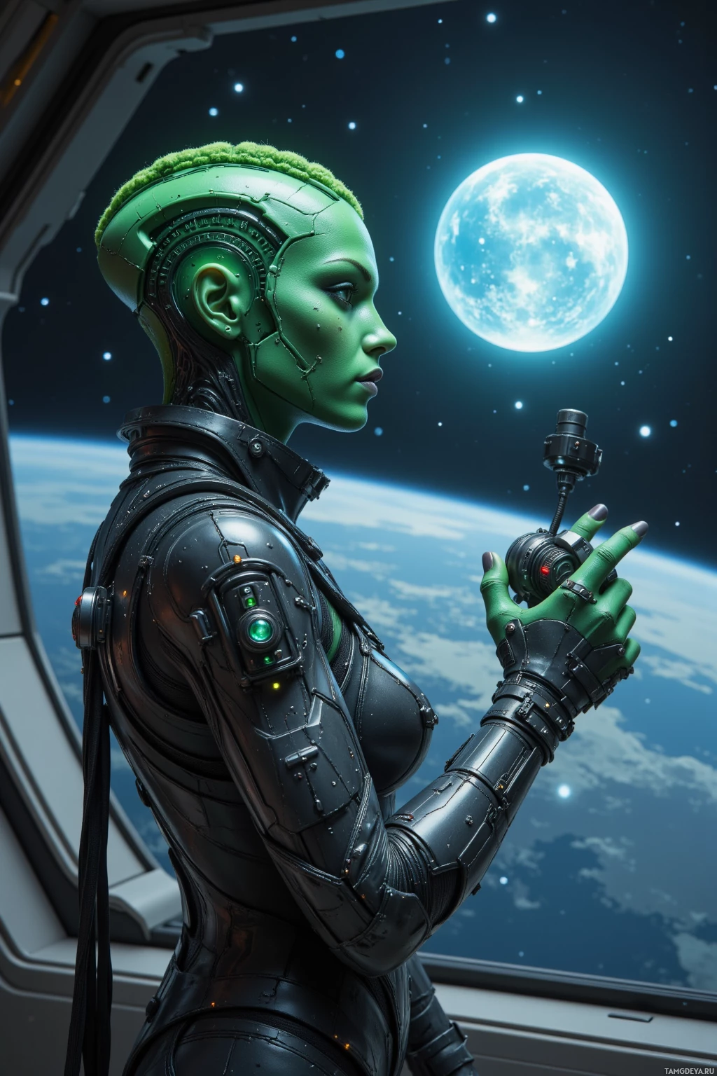 Realistic high quality photo. 120‑year‑old green‑skinned alien war‑hardened news anchor, short buzzed hair, piercing green eyes, two antennae, wearing sleek metallic armor with shimmering accents, stands in the back of a futuristic observation deck holding a camera, staring at a flickering hologram of Earth against a star‑filled void, night sky in the background, silent and resolute.