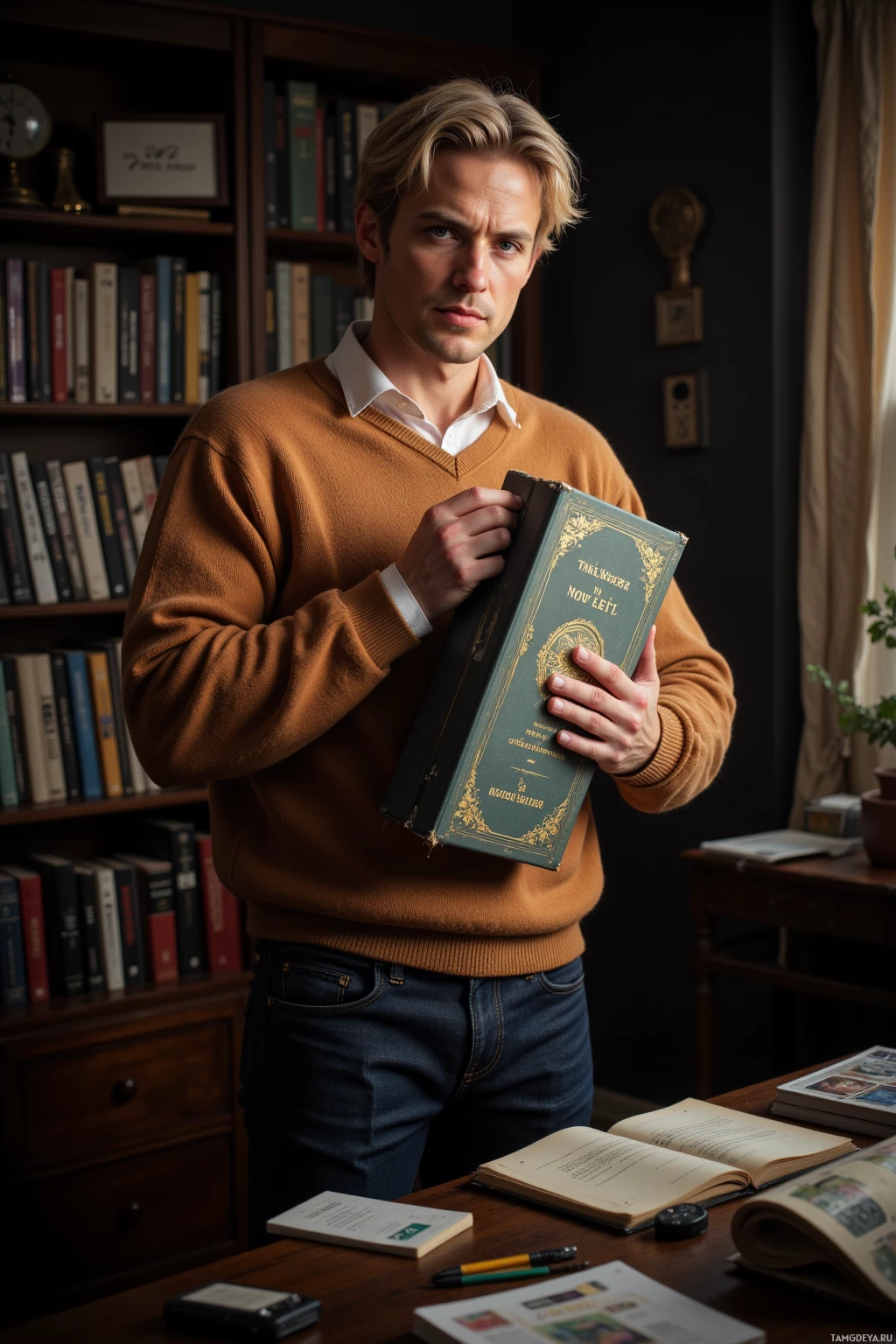 Realistic high quality photo. A 43‑year‑old man with gently tousled blonde hair and warm blue eyes, wearing an earth‑toned sweater over a white shirt and dark jeans, stands in a dimly lit living room, carefully opening a matte dust‑jacketed limited‑edition film box set with a hand‑stitched edge, surrounded by a cluttered shelf of collector’s editions and a notebook poised to log foil details.
