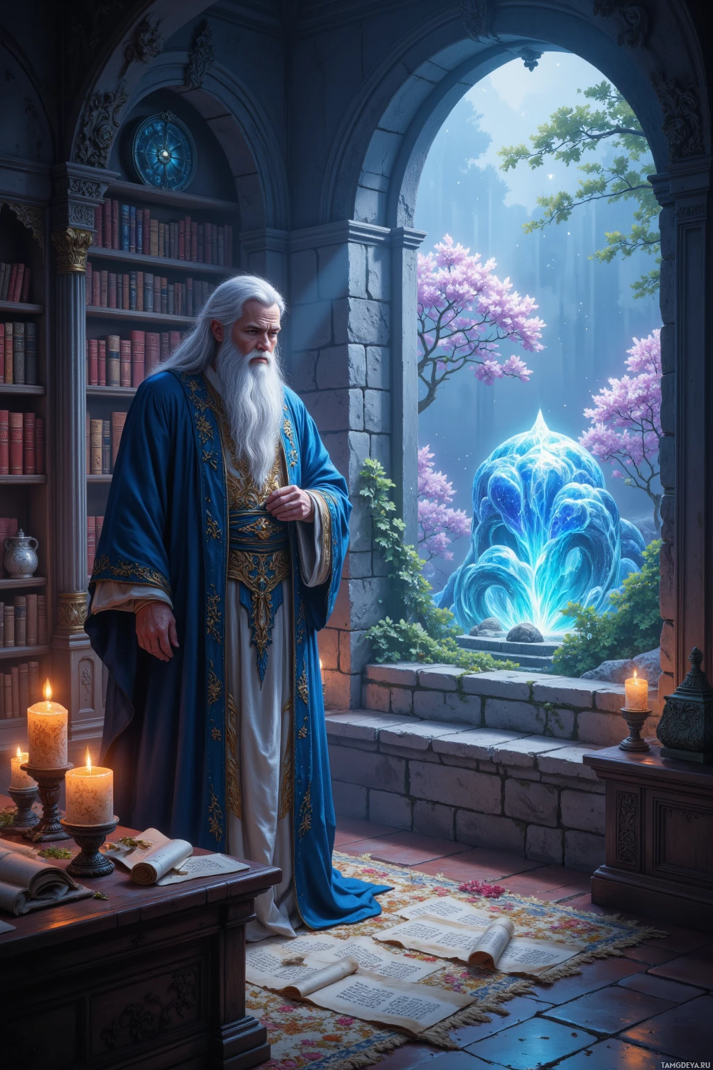 Realistic high quality photo. Elderly male mentor with long silver hair and beard, bright blue eyes, pale glowing skin, wearing simple elegant robes embroidered with subtle dragon motifs, standing by a study window bathed in flickering starlight, ancient scrolls trembling at his feet, apprentices leaning in, a crystal orchid garden glowing softly through the window in a fantasy dusk.