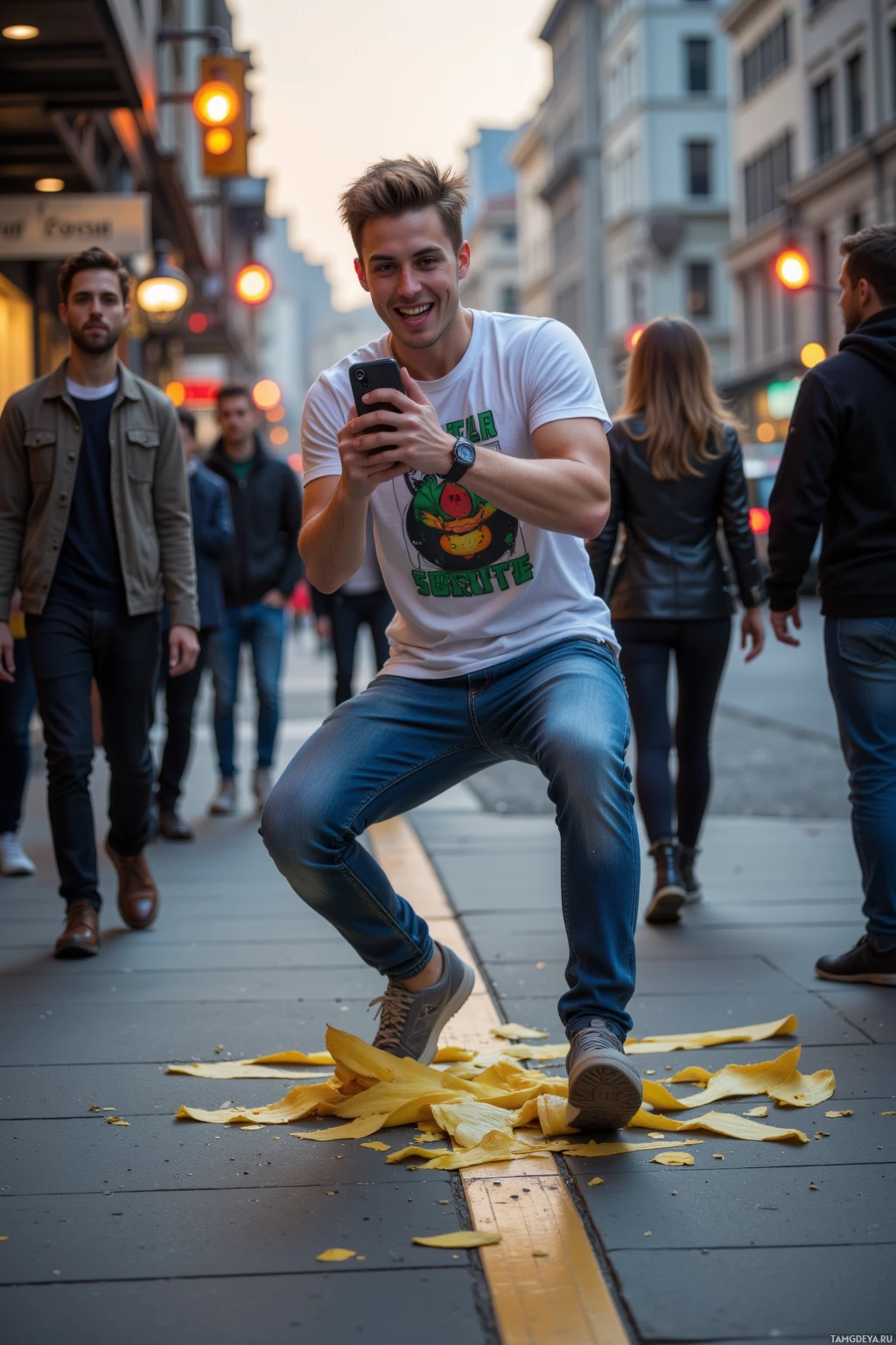 Realistic high quality photo. A young man, 25, with messy short light brown hair, bright blue eyes, playful smile, wearing a graphic t‑shirt and fitted jeans, mid‑slip on a banana peel on a city sidewalk at dusk, a surprised crowd surrounding him, a flickering traffic light overhead, holding a smartphone to film the prank in a lively modern realism scene.