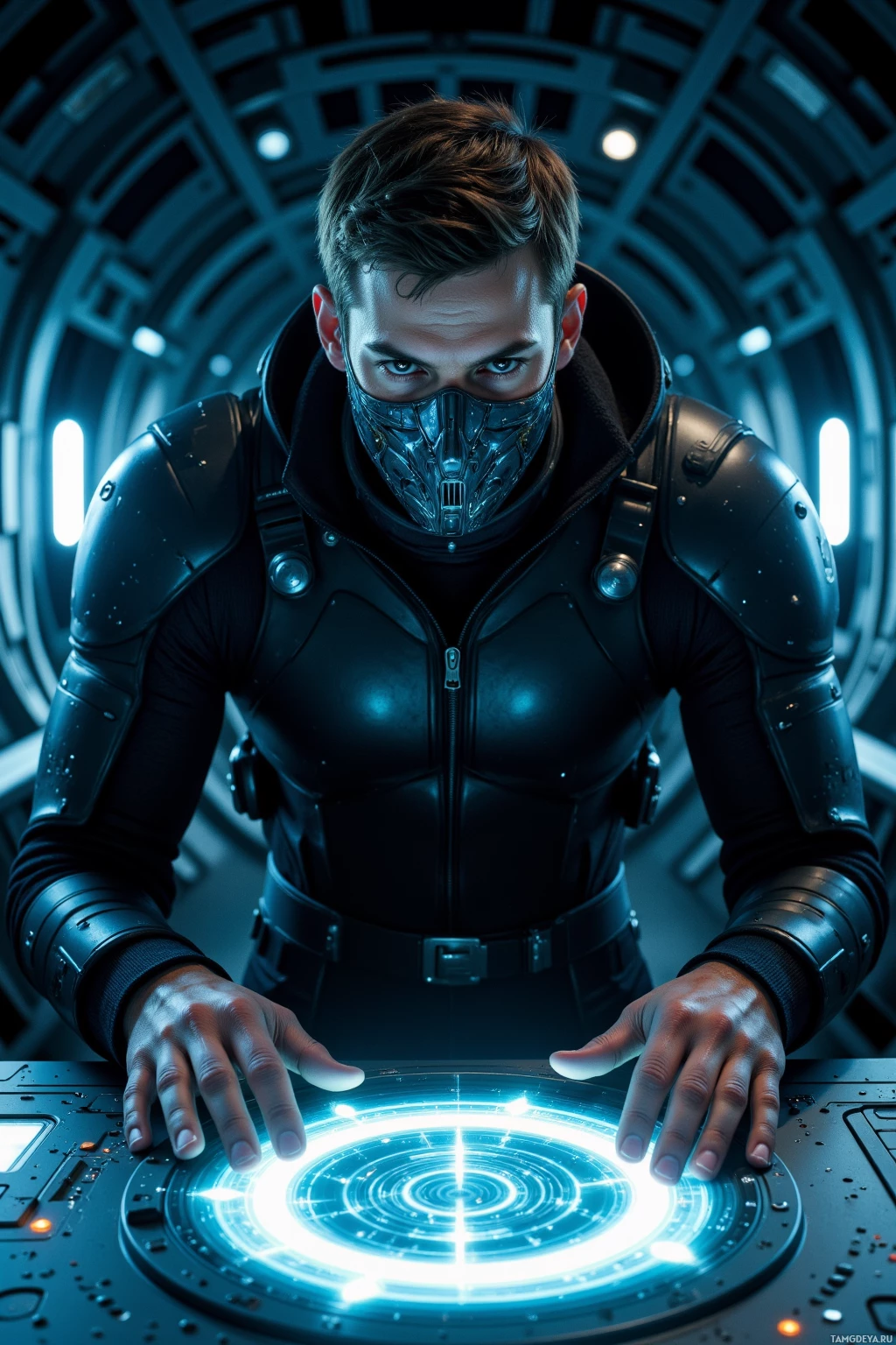 Realistic high quality photo. 35‑year‑old male, short light brown hair, blue eyes, sleek black jumpsuit with utility belt and translucent fractured mask, hunched over a glowing holographic sensor array console inside a dim starship hull at night, aligning data frequencies with the ship's natural harmonics, intense and focused.
