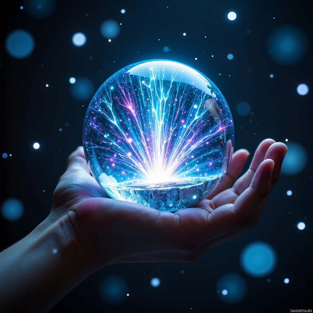 Semi-abstract image with many light, that is suitable for the post:  Handheld transparent glass sphere with a glowing graphene core and faint circuitry, projecting a translucent holographic 3D canvas that flickers, fades, and releases ghostly bursts of color.