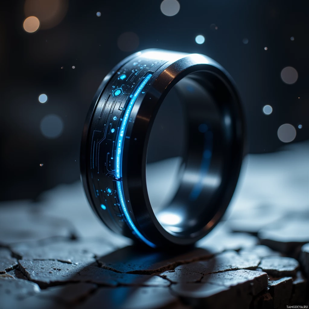 Semi-abstract image with many light, that is suitable for the post:  Titanium smart ring with a matte black, sleek band, thin profile, faint glowing blue LED strips along the circumference indicating the AI core, subtle engraved circuitry patterns, and small vibration icons etched into the surface.