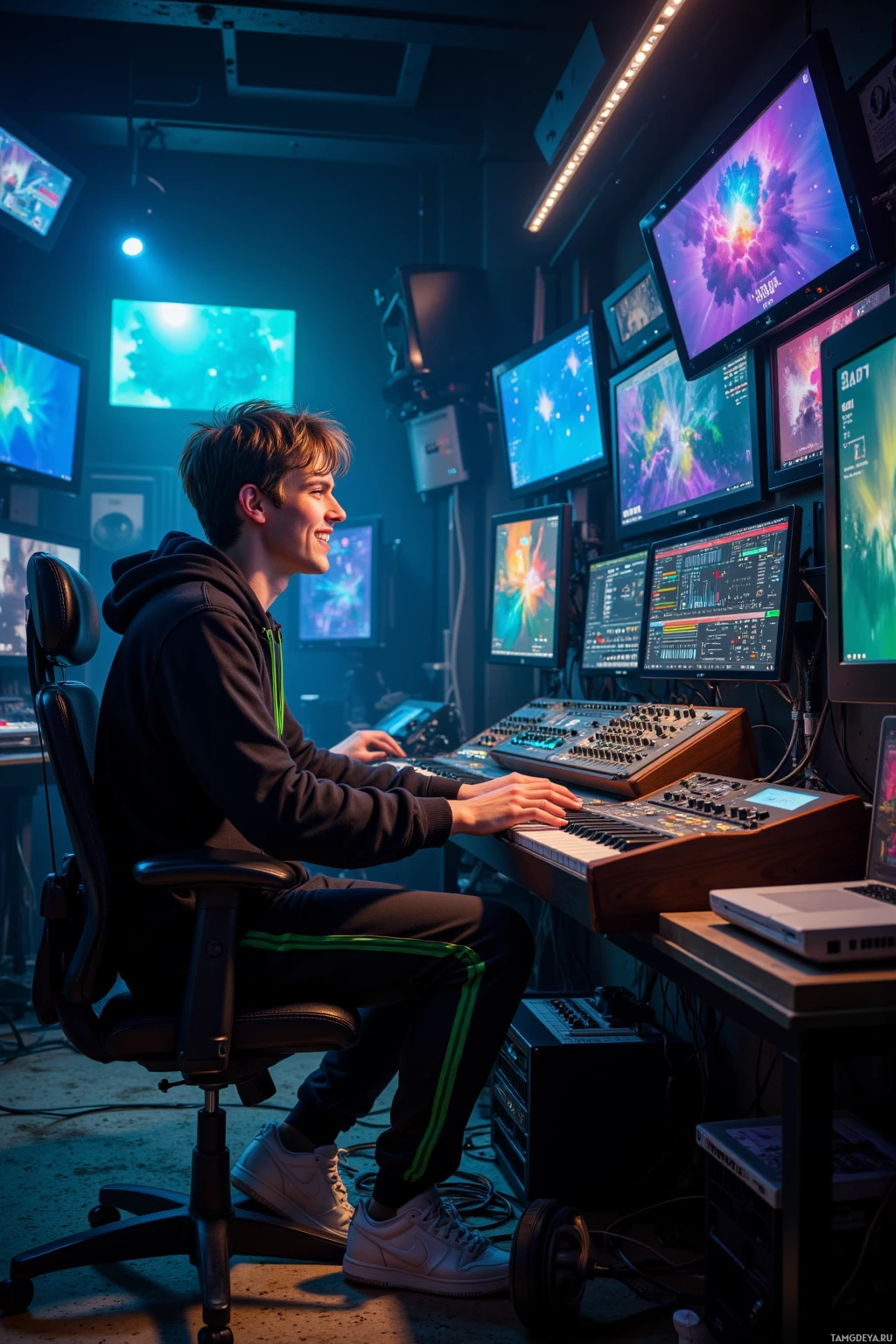 Realistic high quality photo. A 28‑year‑old man with messy brown hair, bright blue eyes, pale skin, wearing a black hoodie with green accents, high‑waisted jogger pants, and white sneakers, laughing at a Moog synthesizer in a dimly lit modern studio that feels like a playground, surrounded by cables, glowing screens, and subtle glitch effects.