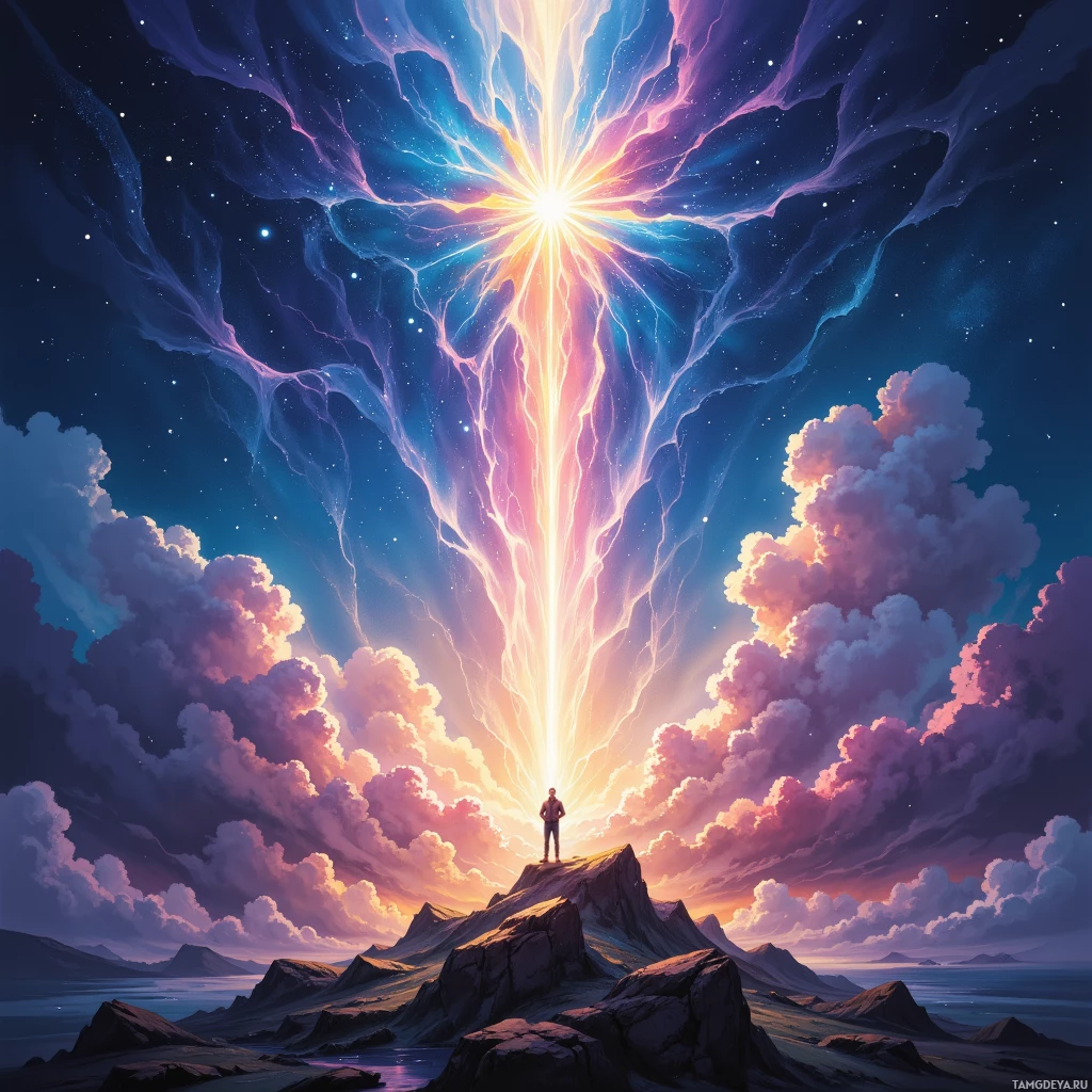 A lone figure stands atop a rocky peak, gazing at a radiant, colorful burst of light in the sky.