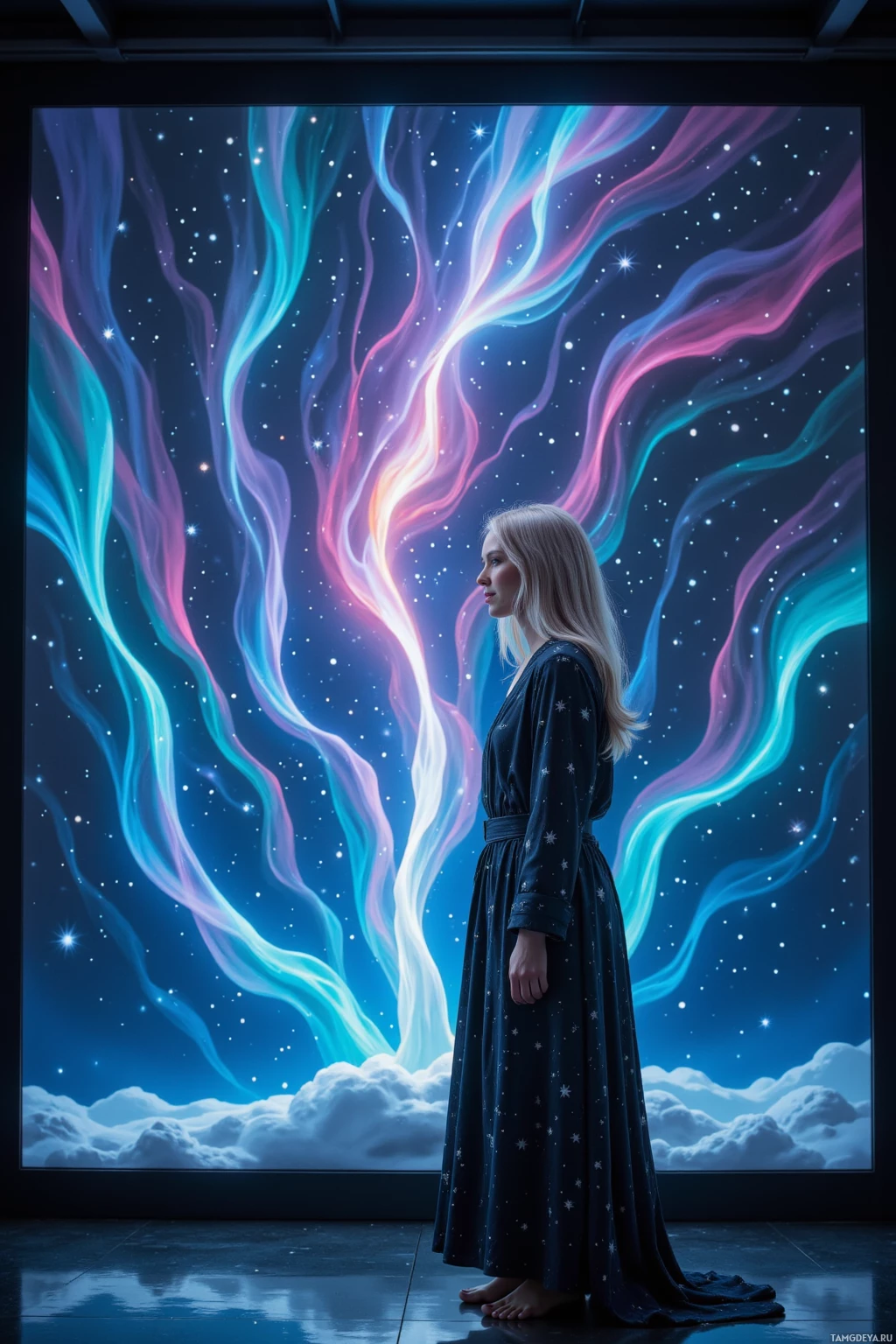A person stands barefoot in front of a vibrant cosmic mural featuring swirling colors and stars.