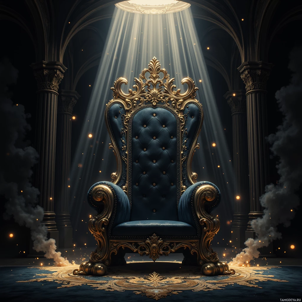 A regal throne with ornate gold detailing and blue upholstery is illuminated by beams of light in an opulent setting.