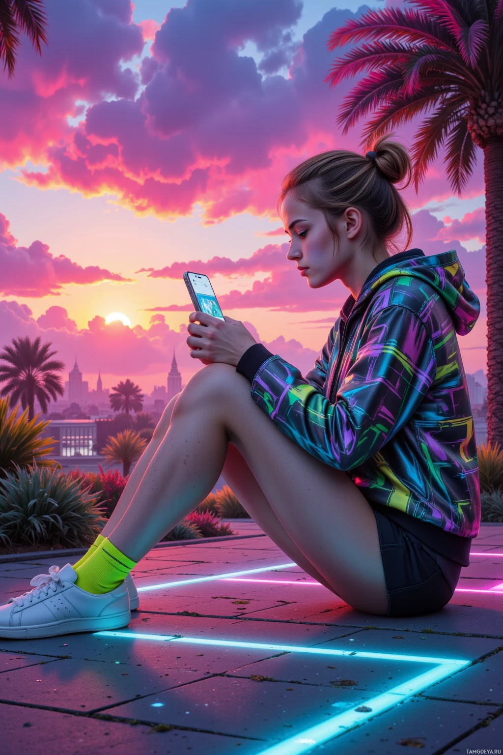 A person sits on a paved surface, wearing a colorful hoodie and neon socks, while holding a phone against a vibrant sunset backdrop.