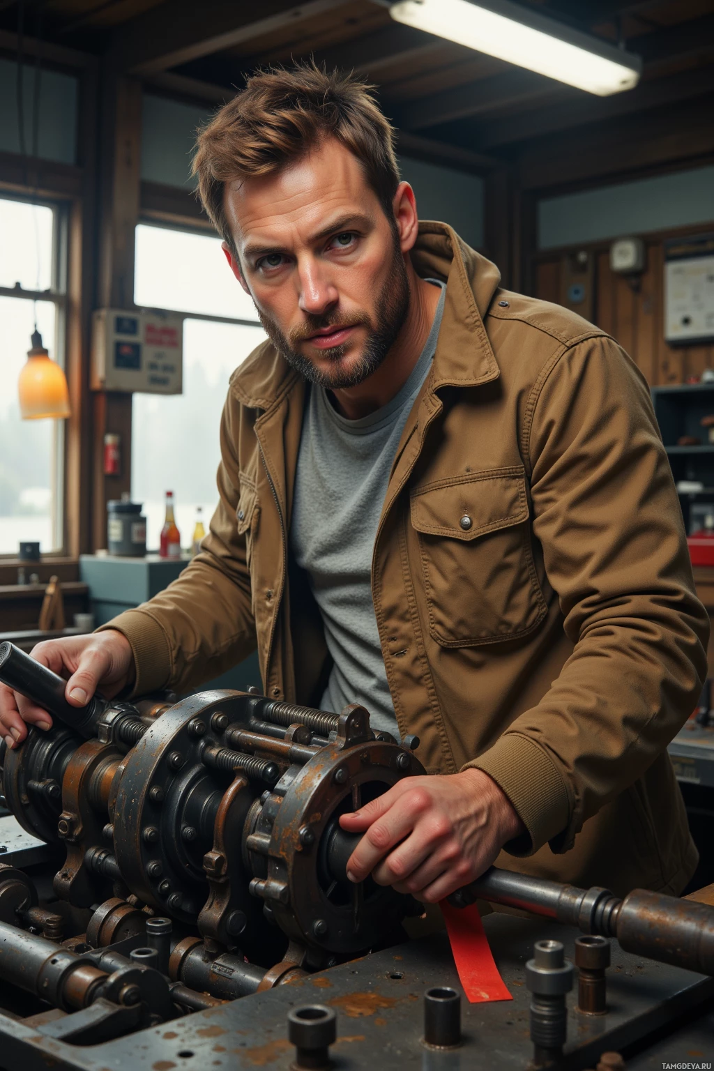 A man in a workshop setting, wearing a brown jacket and gray shirt, is working on a mechanical device.