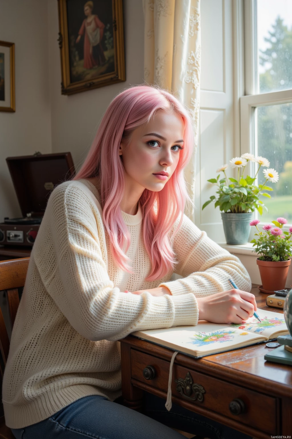 A person with pink hair sits at a desk, drawing in a notebook by a window adorned with potted flowers and framed artwork.