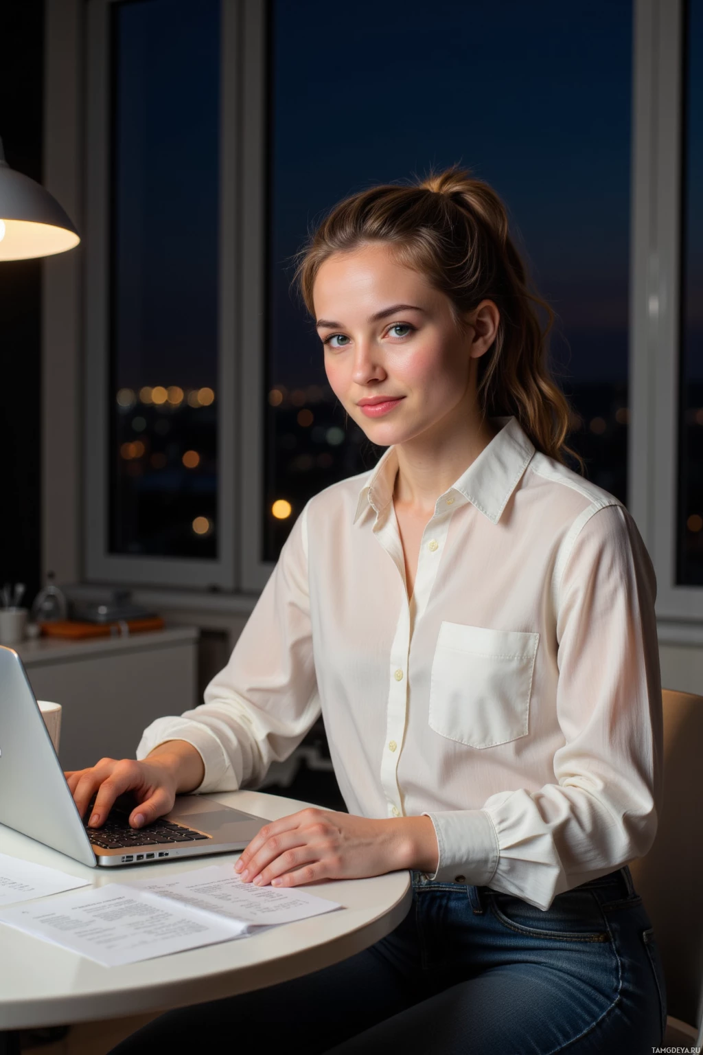 A person is sitting at a desk working on a laptop in a dimly lit room with a cityscape view through the window.