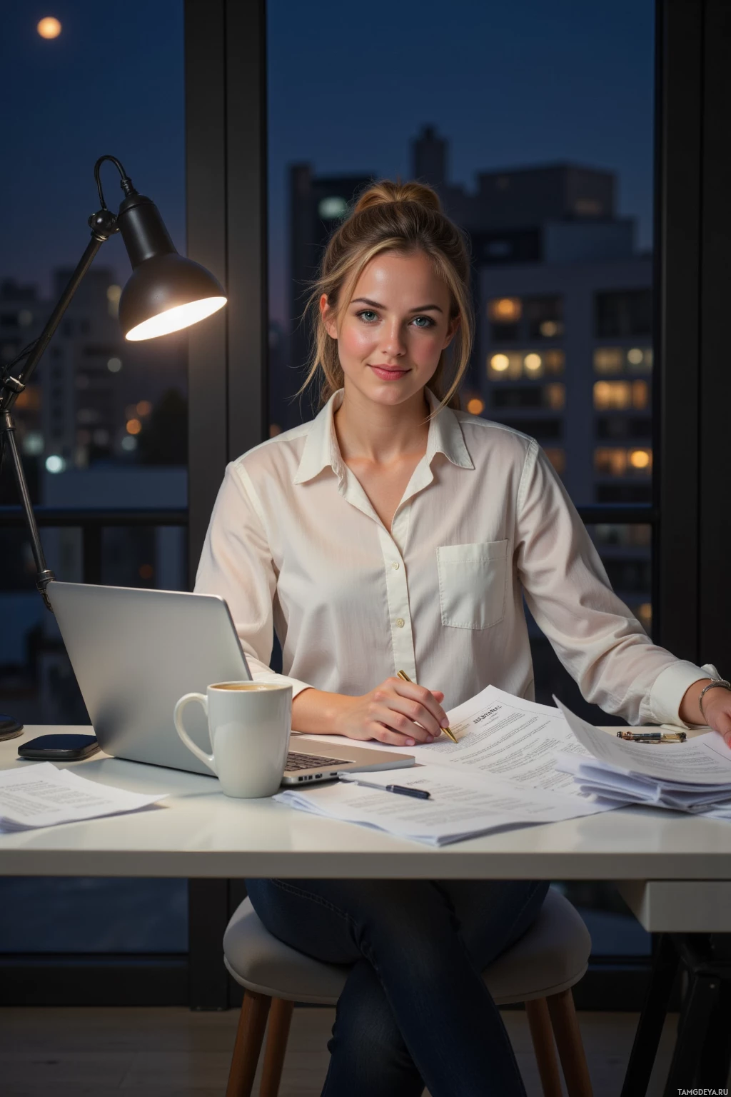 A woman sits at a desk with a laptop and documents, illuminated by a desk lamp against a cityscape backdrop.