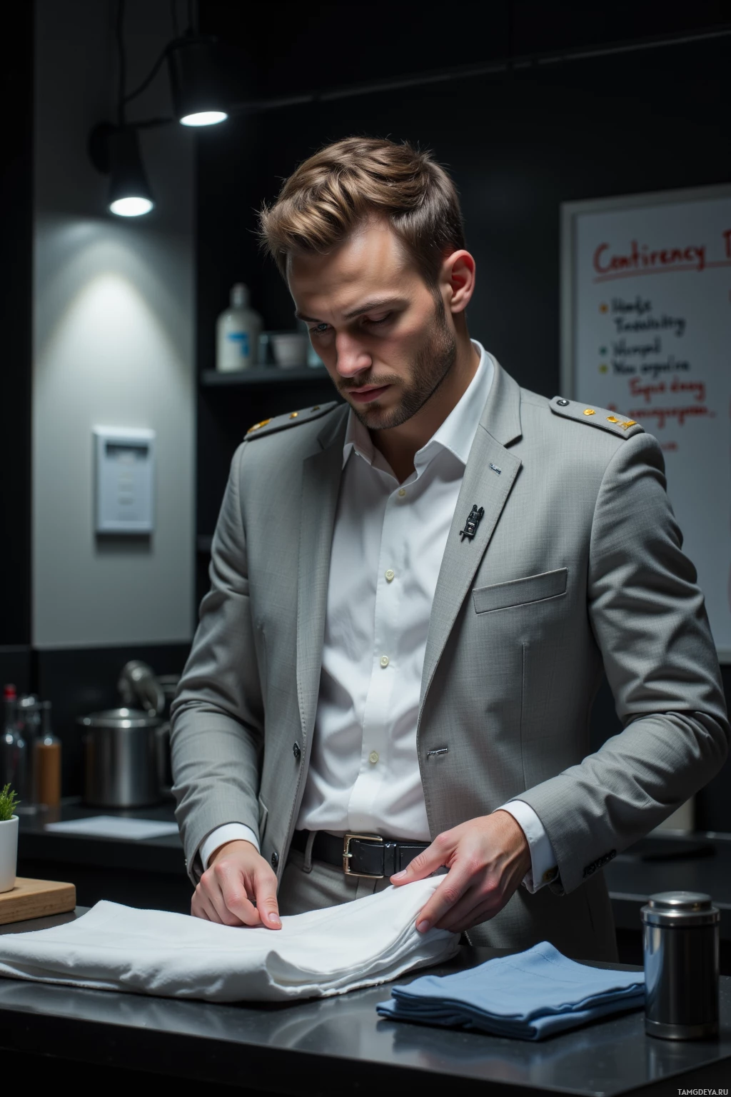 A man in a suit is folding a white cloth in a kitchen setting.