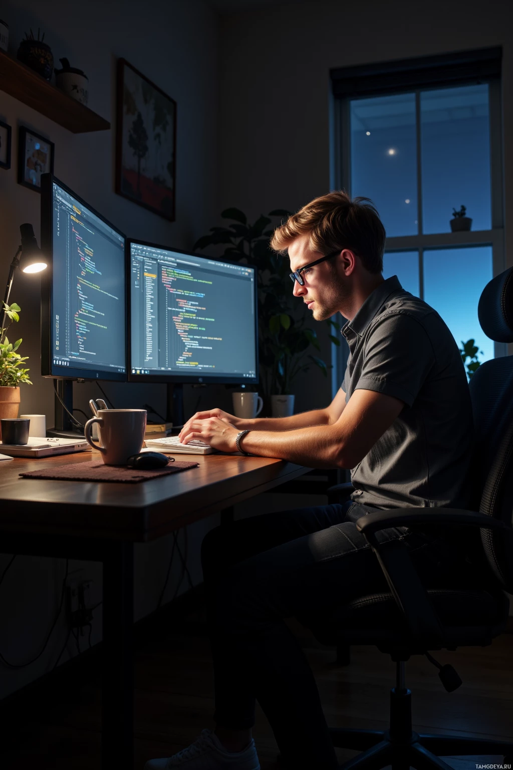 A person is working at a desk with two computer monitors displaying code, in a dimly lit room with a window showing night sky and stars.