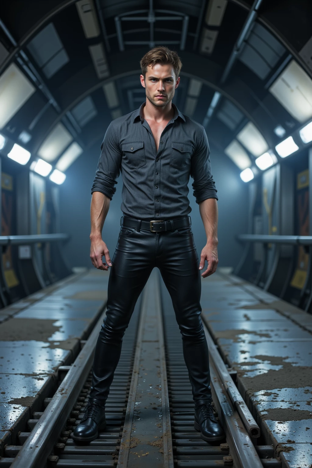 A person stands on train tracks in a dimly lit tunnel, wearing a dark shirt and leather pants.