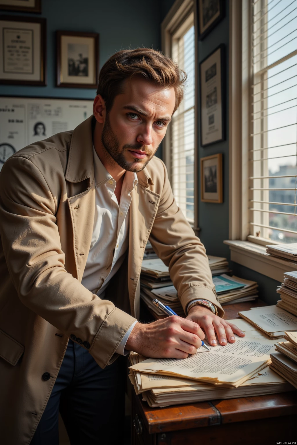 A man in a beige jacket is writing at a desk with stacks of papers.