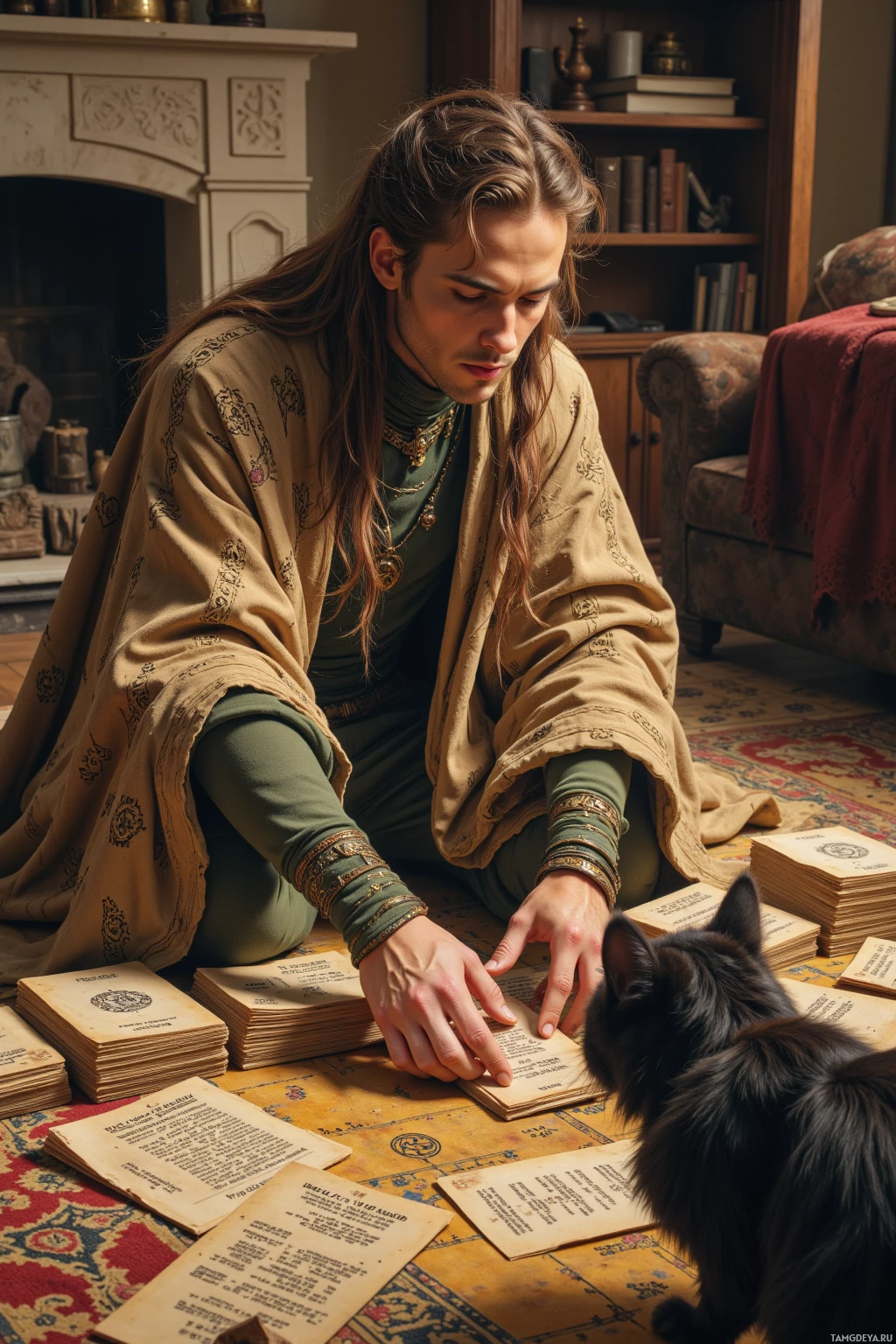 A person is sitting on the floor surrounded by books and a cat, appearing to read or study.