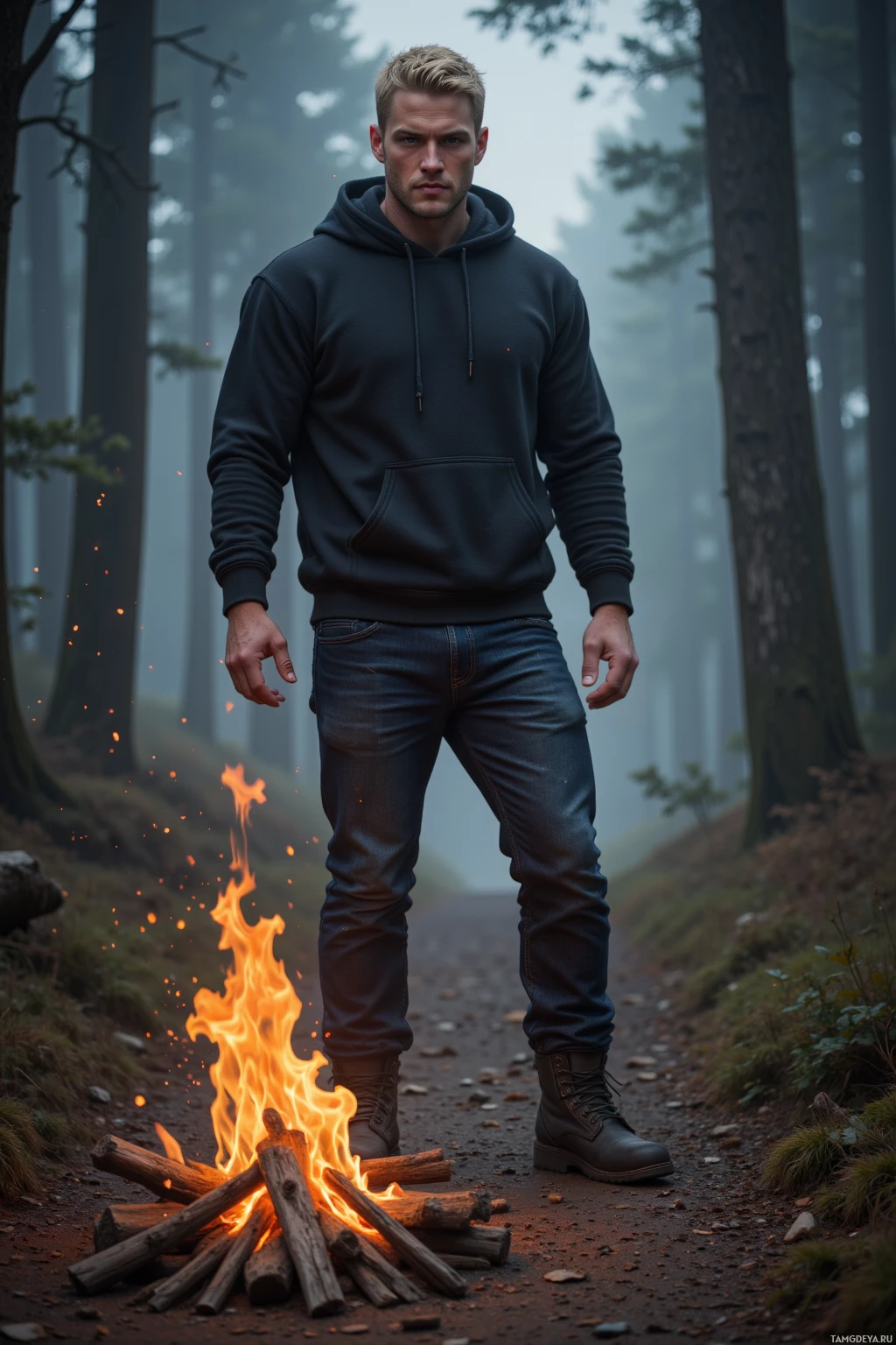 A person stands in a forest near a campfire.