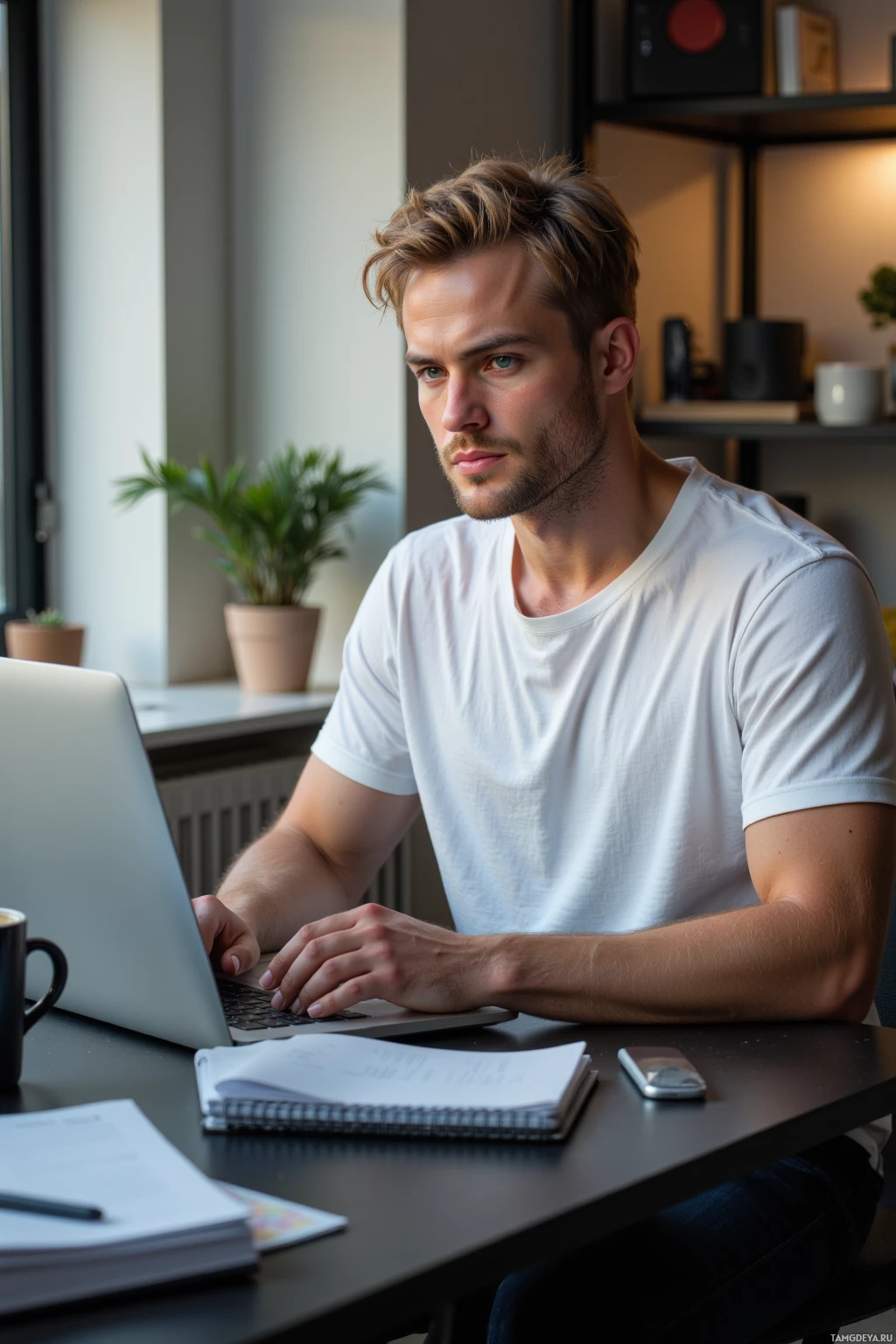 A person is sitting at a desk working on a laptop in a well-lit room with plants and shelves in the background.
