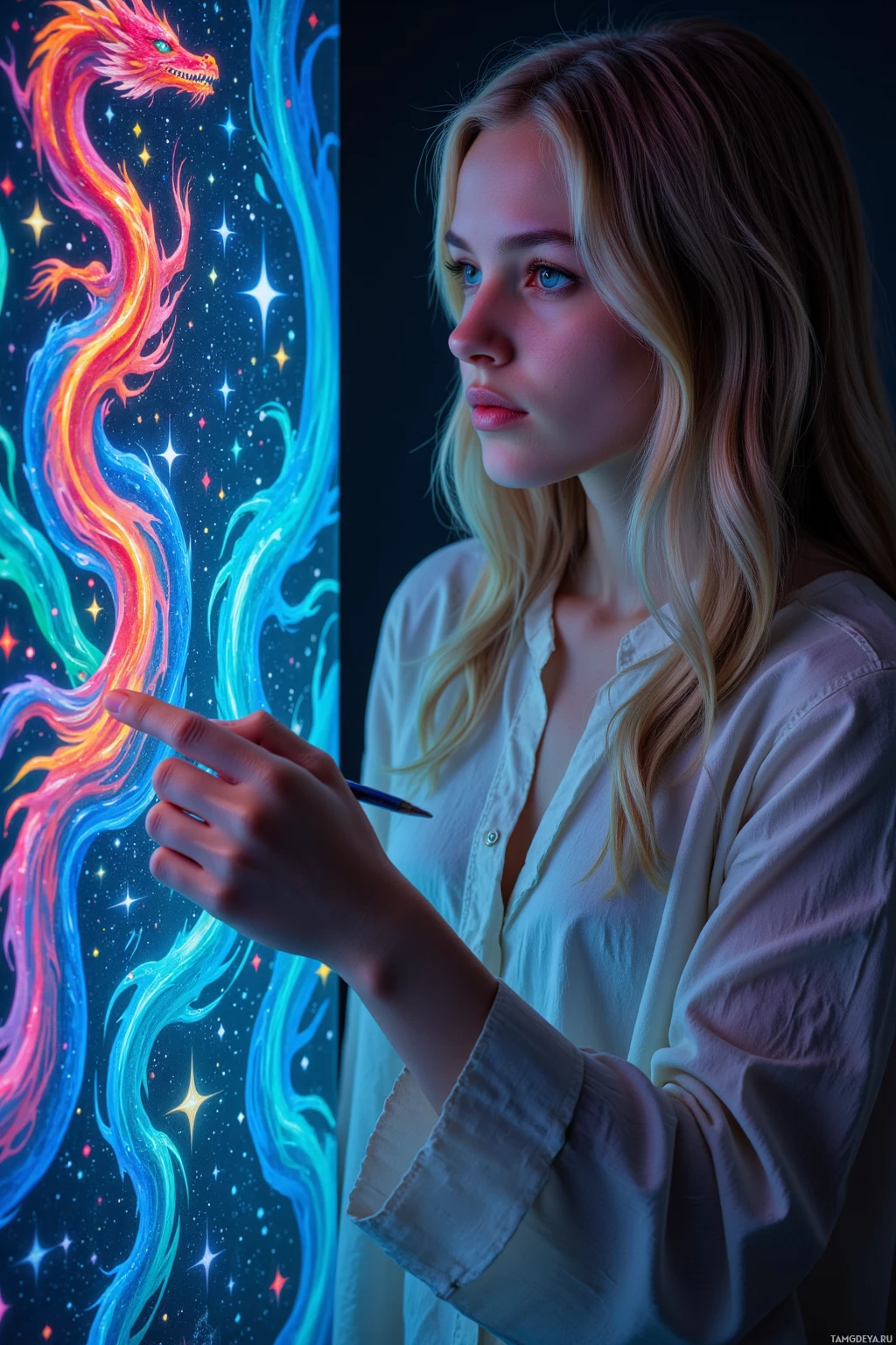 A person is painting a vibrant, colorful dragon on a canvas.