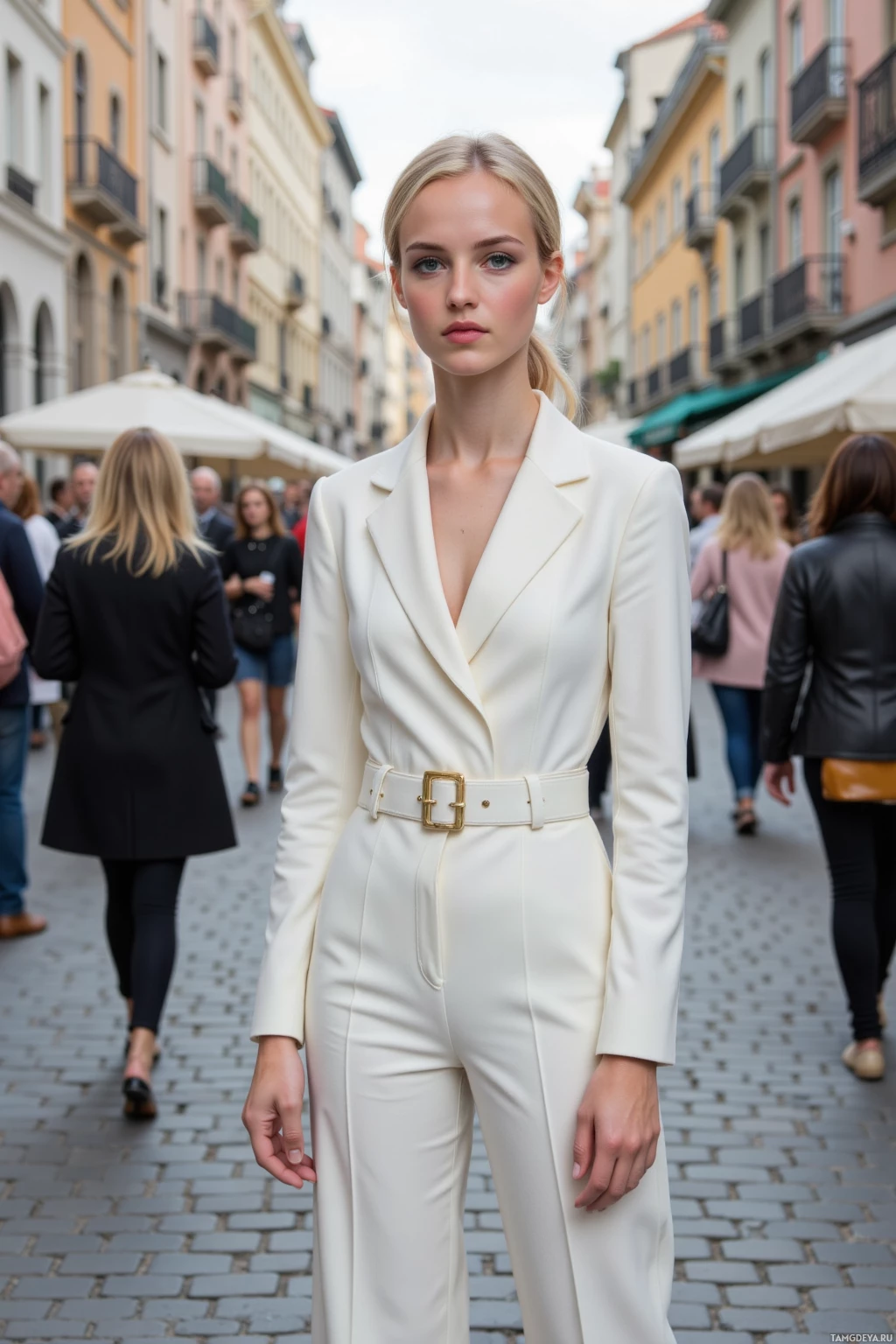 A person in a cream-colored suit with a belt stands on a cobblestone street.