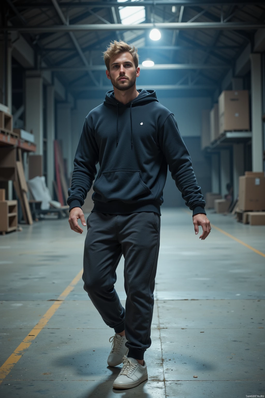 A person wearing a dark hoodie and jogger pants walks through an industrial warehouse setting.