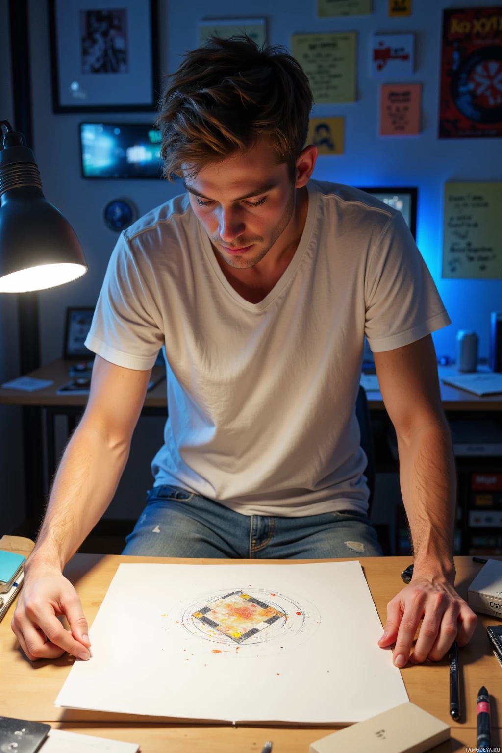 A person is sitting at a desk, examining a drawing on a piece of paper.