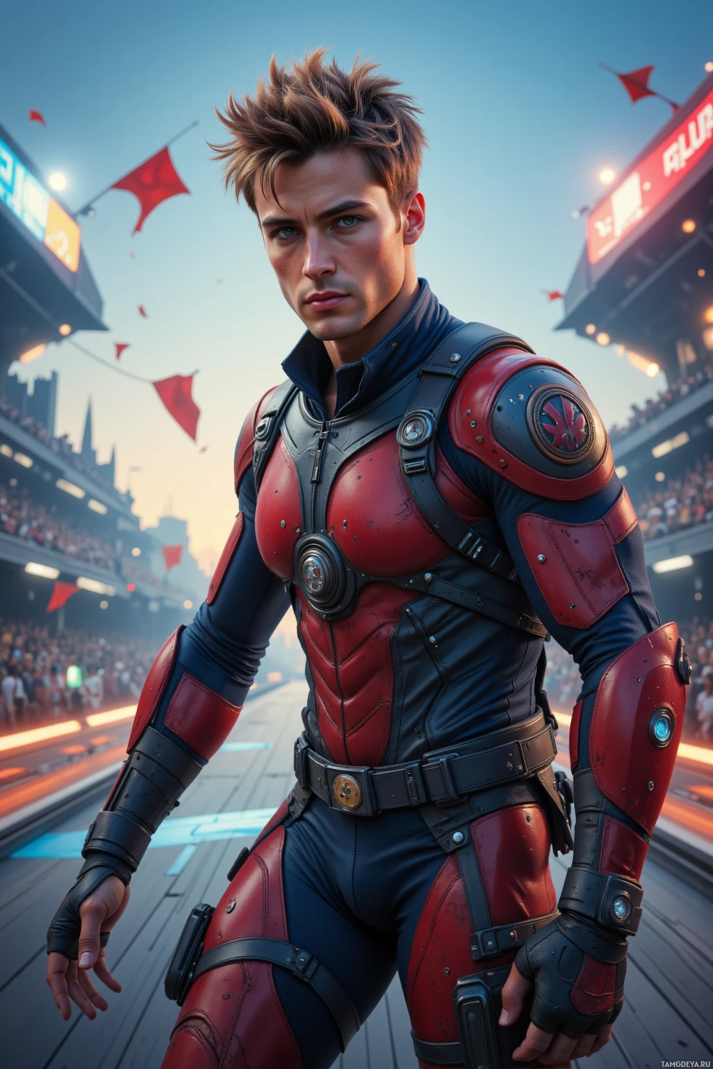A person in a red and black armored suit stands on a track with a stadium filled with spectators in the background.