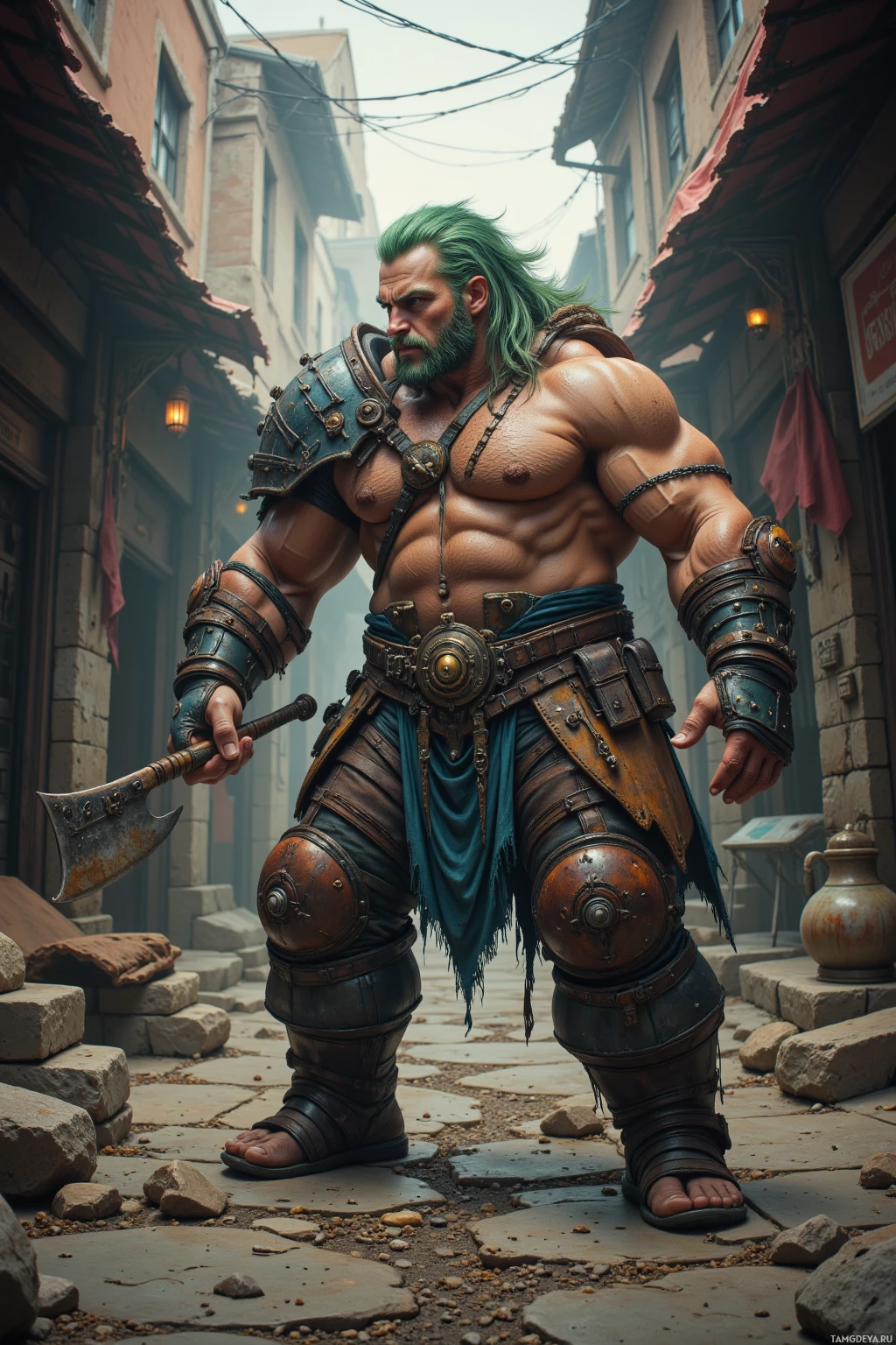 A muscular warrior with green hair and armor stands in a narrow alleyway.
