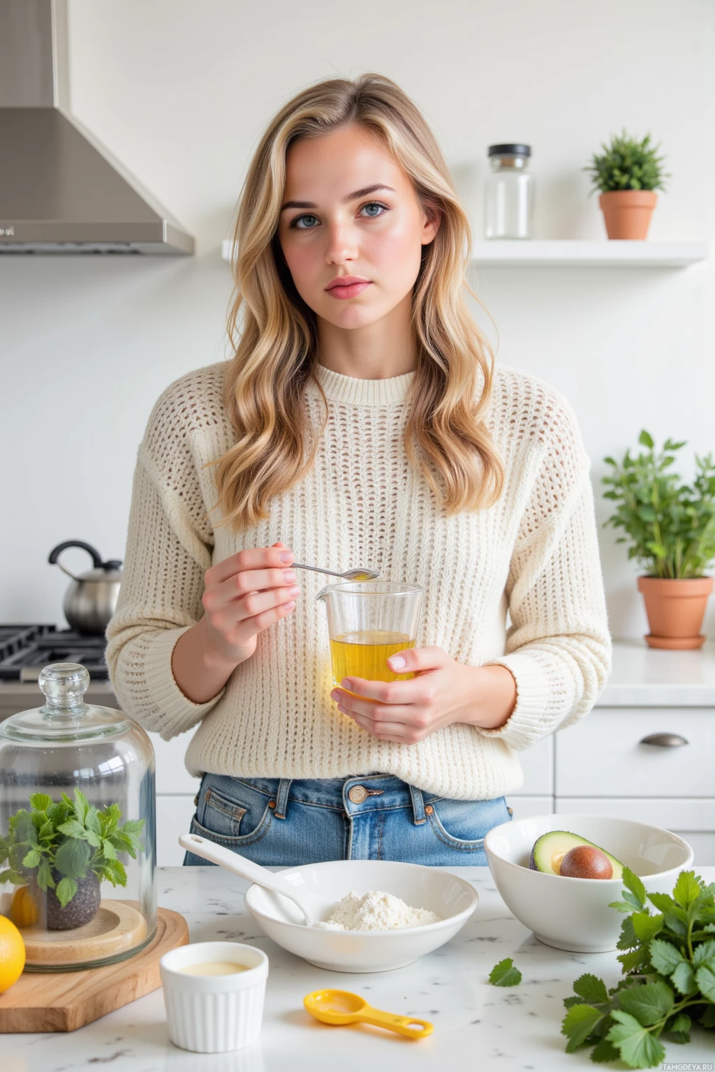 A person in a kitchen holds a glass and spoon while surrounded by ingredients on a countertop.