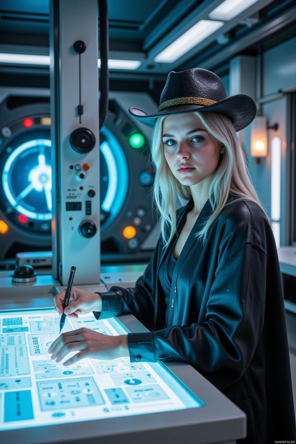 A person wearing a hat and leather jacket is working on a futuristic interface with a pen.