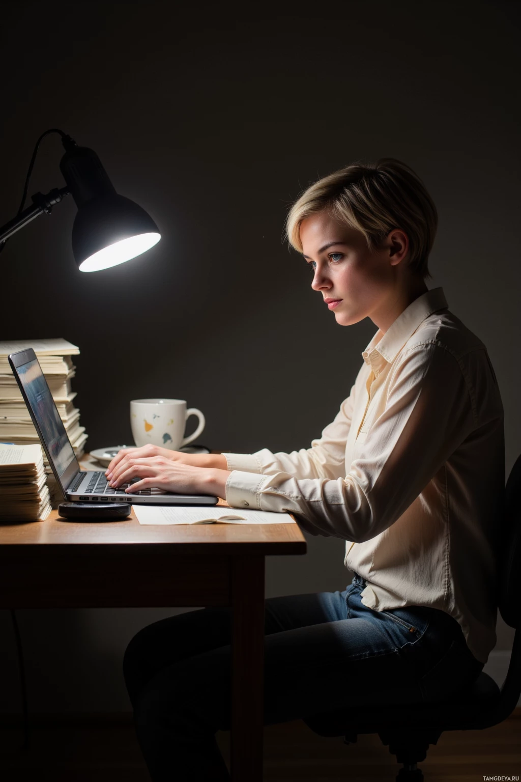 A person is sitting at a desk working on a laptop under a lamp in a dimly lit room.