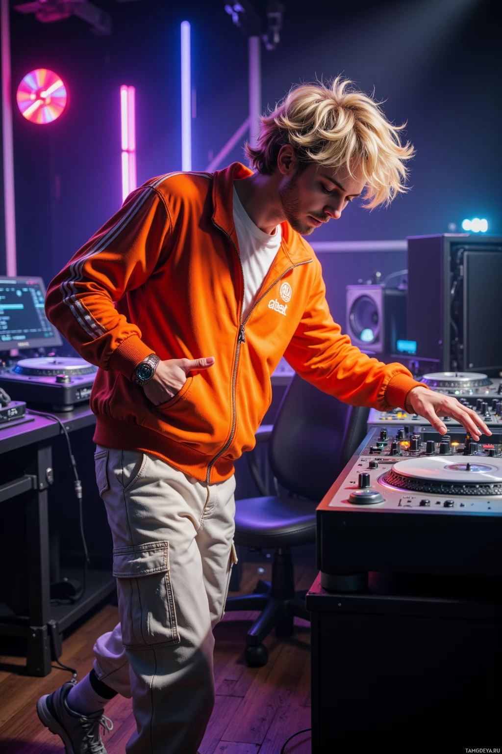 A person in an orange jacket and cargo pants is operating DJ equipment in a dimly lit room with neon lights.