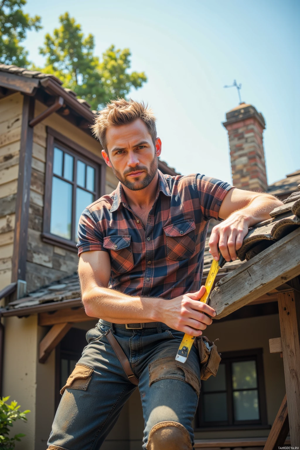 A man in a plaid shirt and jeans stands on a roof holding a tape measure.