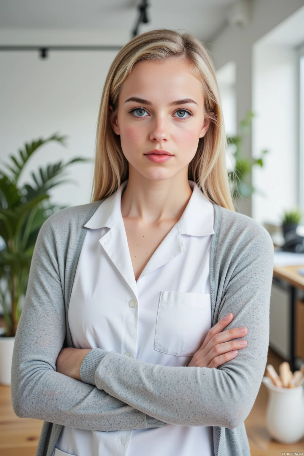 A person wearing a white shirt and a gray cardigan with arms crossed, standing in a room with plants and a desk.