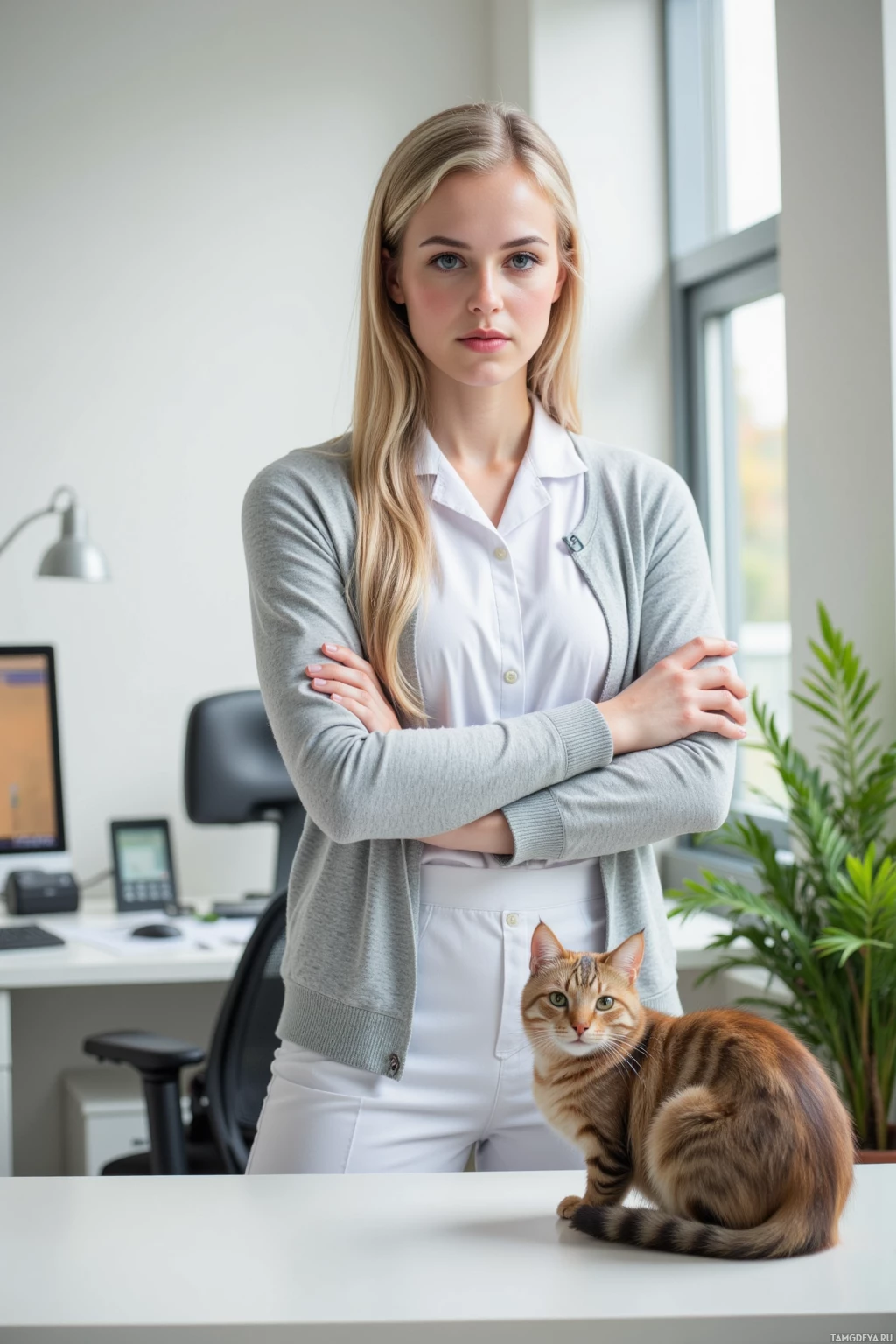 A person in a lab coat stands with arms crossed, accompanied by a cat on a desk.