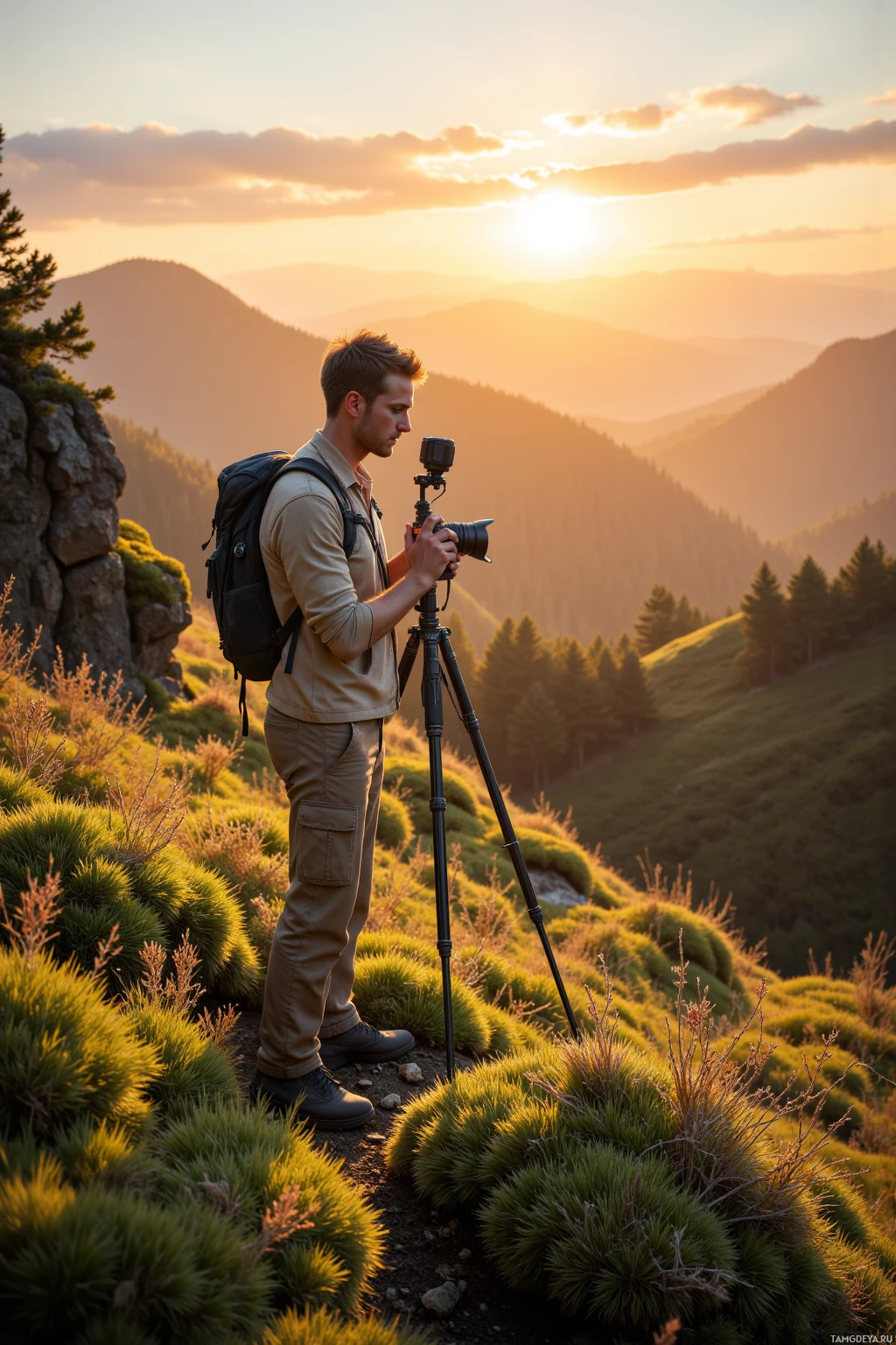 A person stands on a grassy hillside at sunset, adjusting a camera mounted on a tripod.