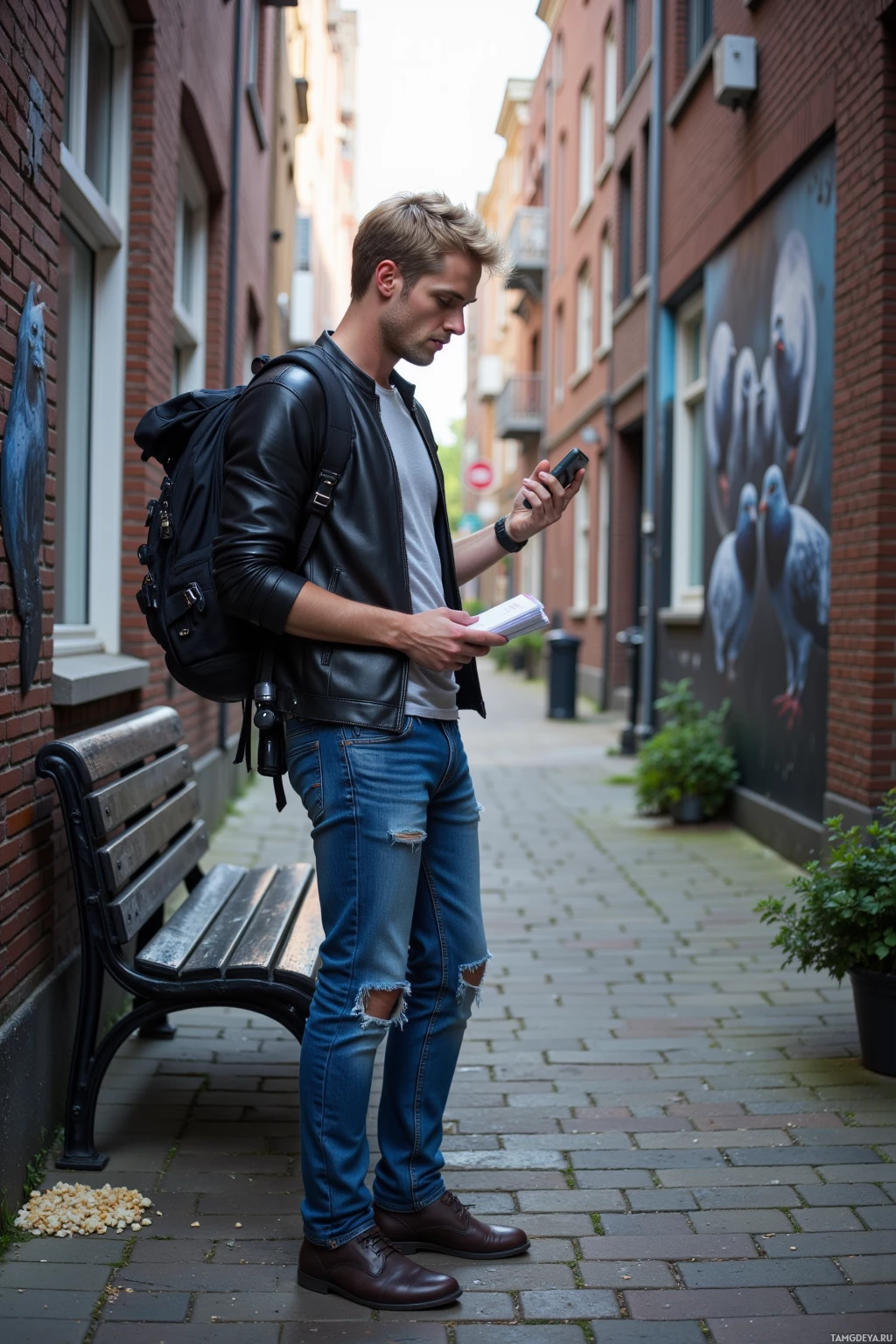 A person stands in an alleyway, looking at a phone while holding a notebook.