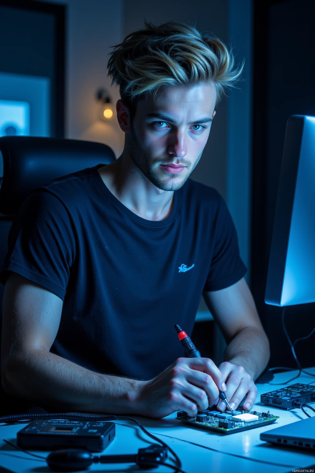 A person is working on a circuit board with a soldering iron in a dimly lit room.