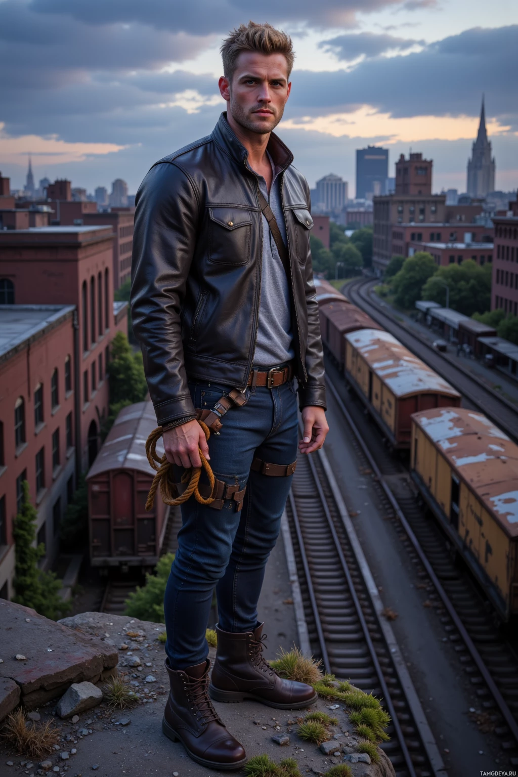 A person stands on a rooftop overlooking a cityscape with trains and tracks in the background.