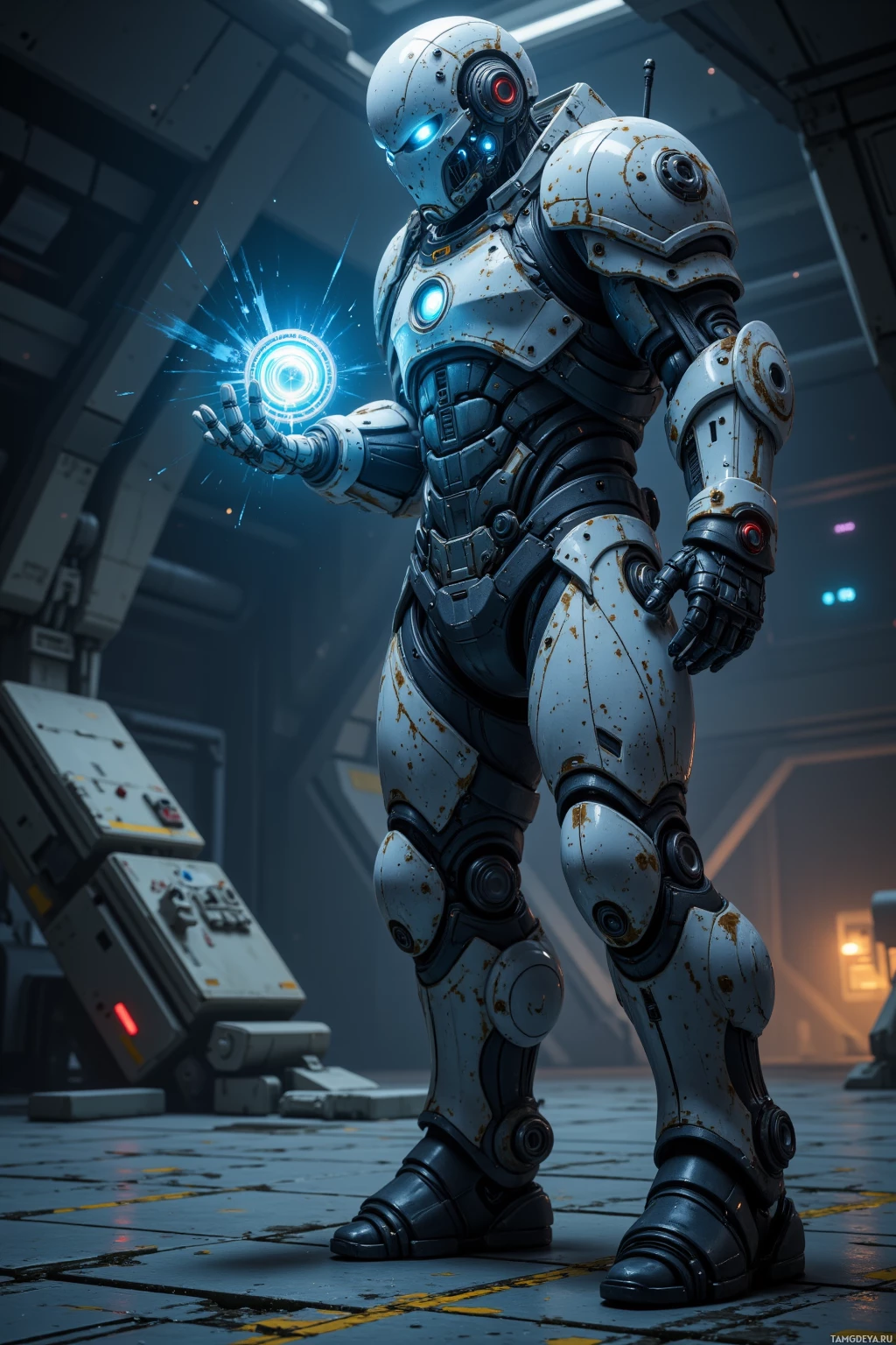 A robotic figure in futuristic armor stands in an industrial setting, emitting a glowing blue energy from its hand.