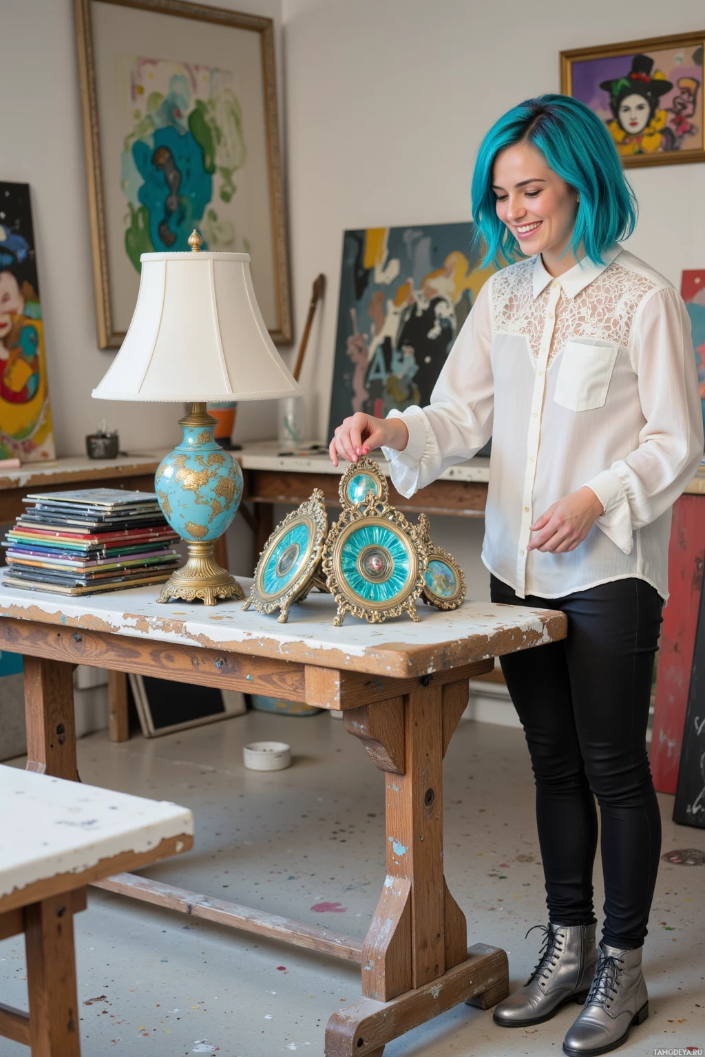 A person with blue hair stands in an art studio, arranging decorative items on a table.