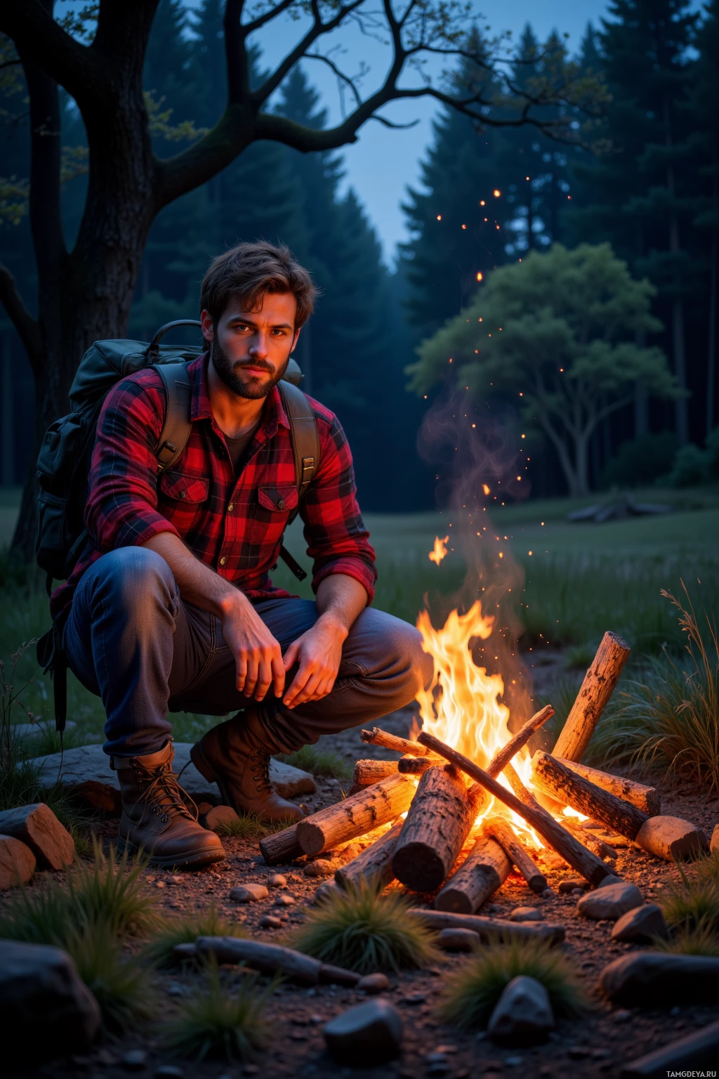 A man in outdoor attire sits beside a campfire in a forest setting.