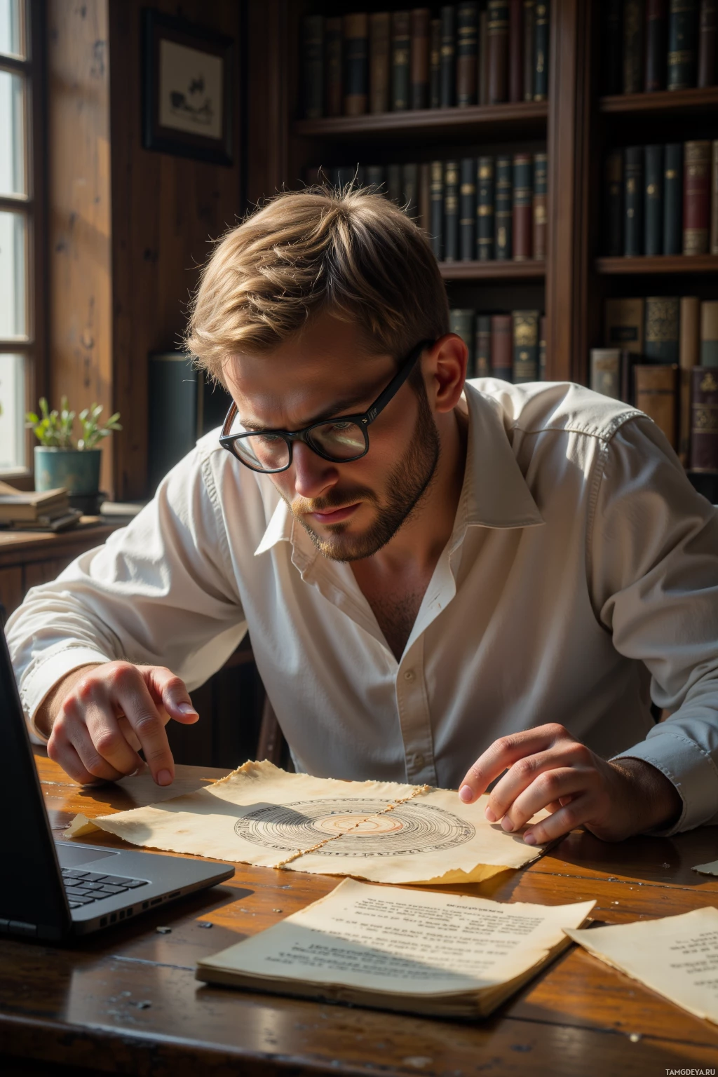 A person examines an old document with a circular diagram on a wooden desk.